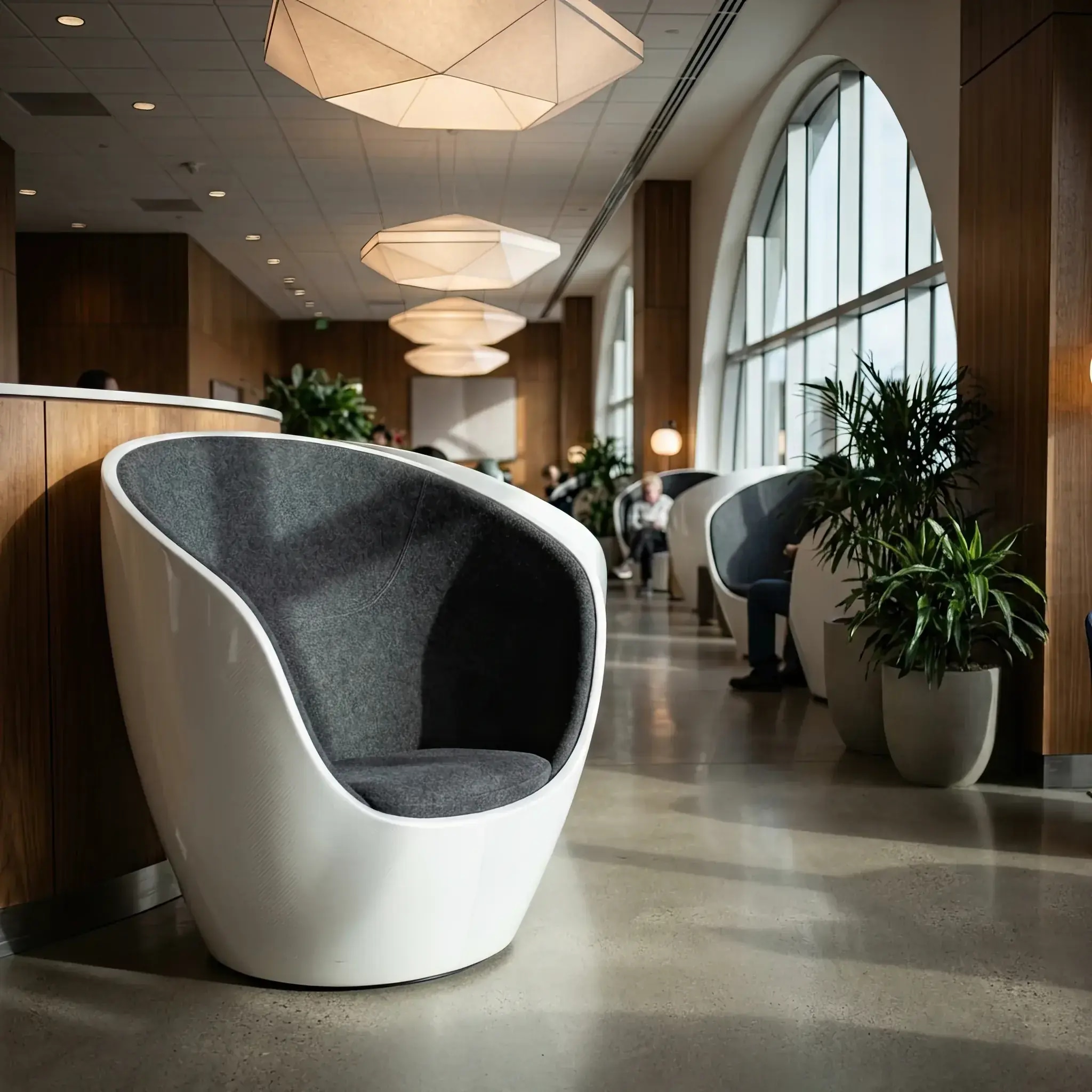 Архитектура и дизайн: Ультрасовременный диван в вестибюле, имеющий сложную органическую форму, которая была напечатана на принтере из живых грибных волокон и био-композита