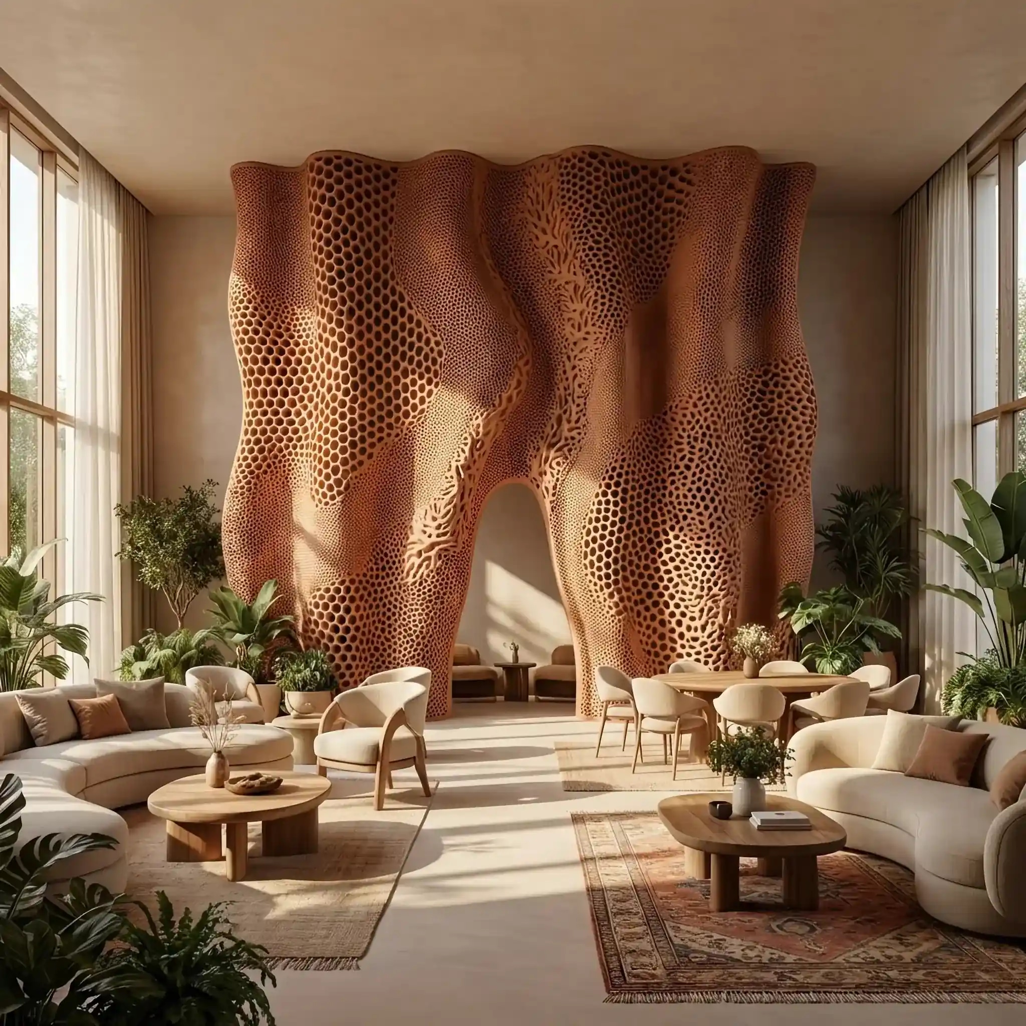 Архитектура и дизайн: Сложная волнообразная перегородка в вестибюле, напечатанная на 3D-принтере из терракотовой глины