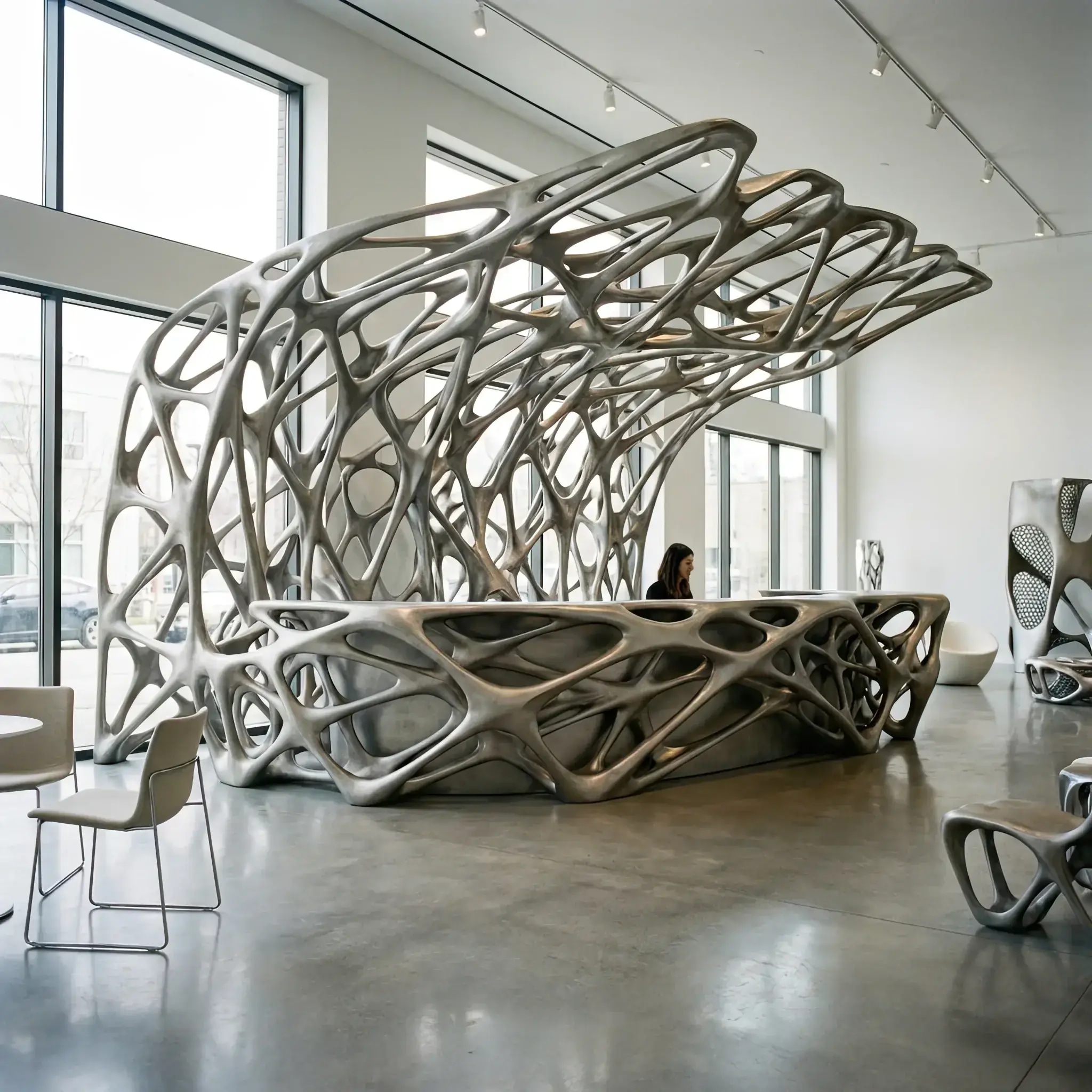 Архитектура и дизайн: Стойка приемная сложной бионической формы, напечатанная из титанового порошка