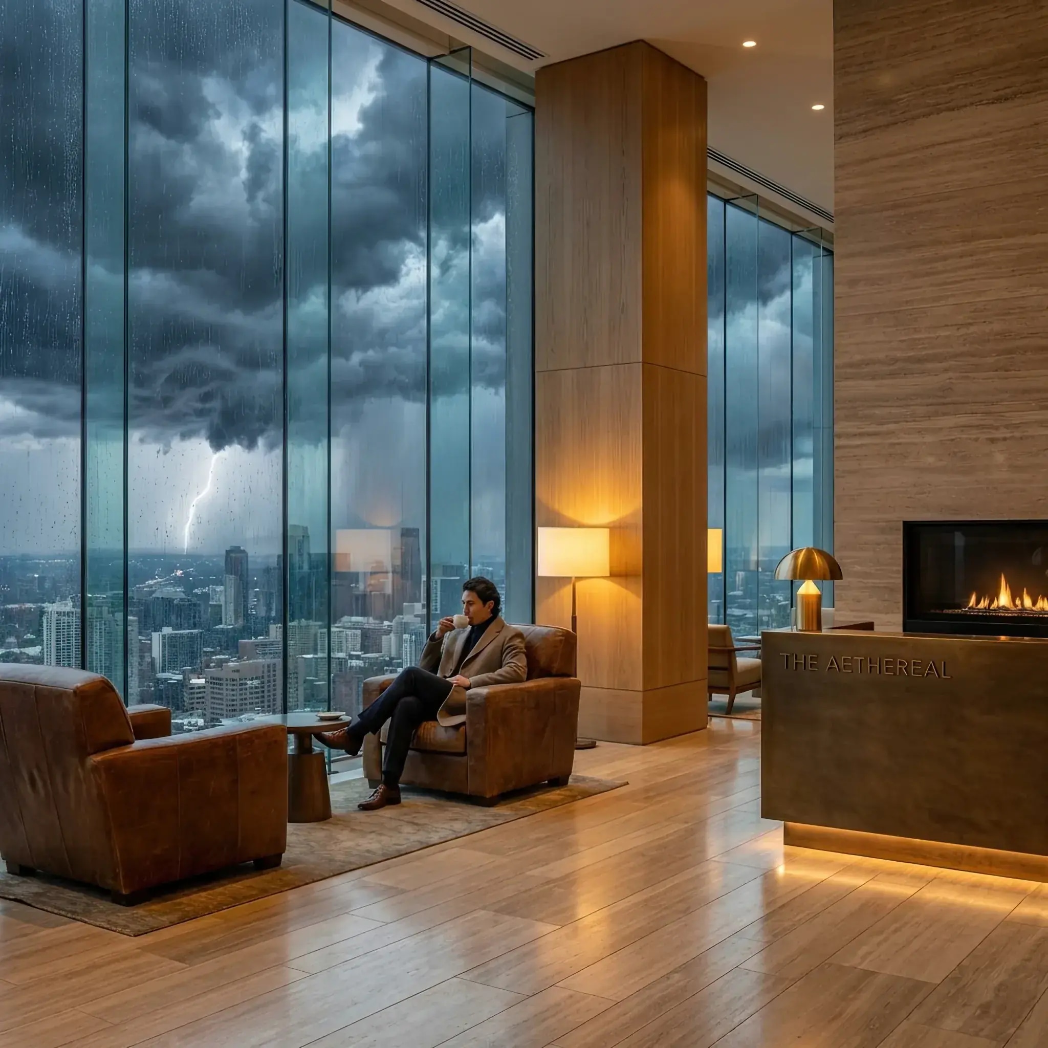 Архитектура и дизайн: Гость спокойно наслаждается кофе в вестибюль небоскреба, пока за окном бушует стихия, а невидимые системы фундамента мгновенно гасят любые колебания