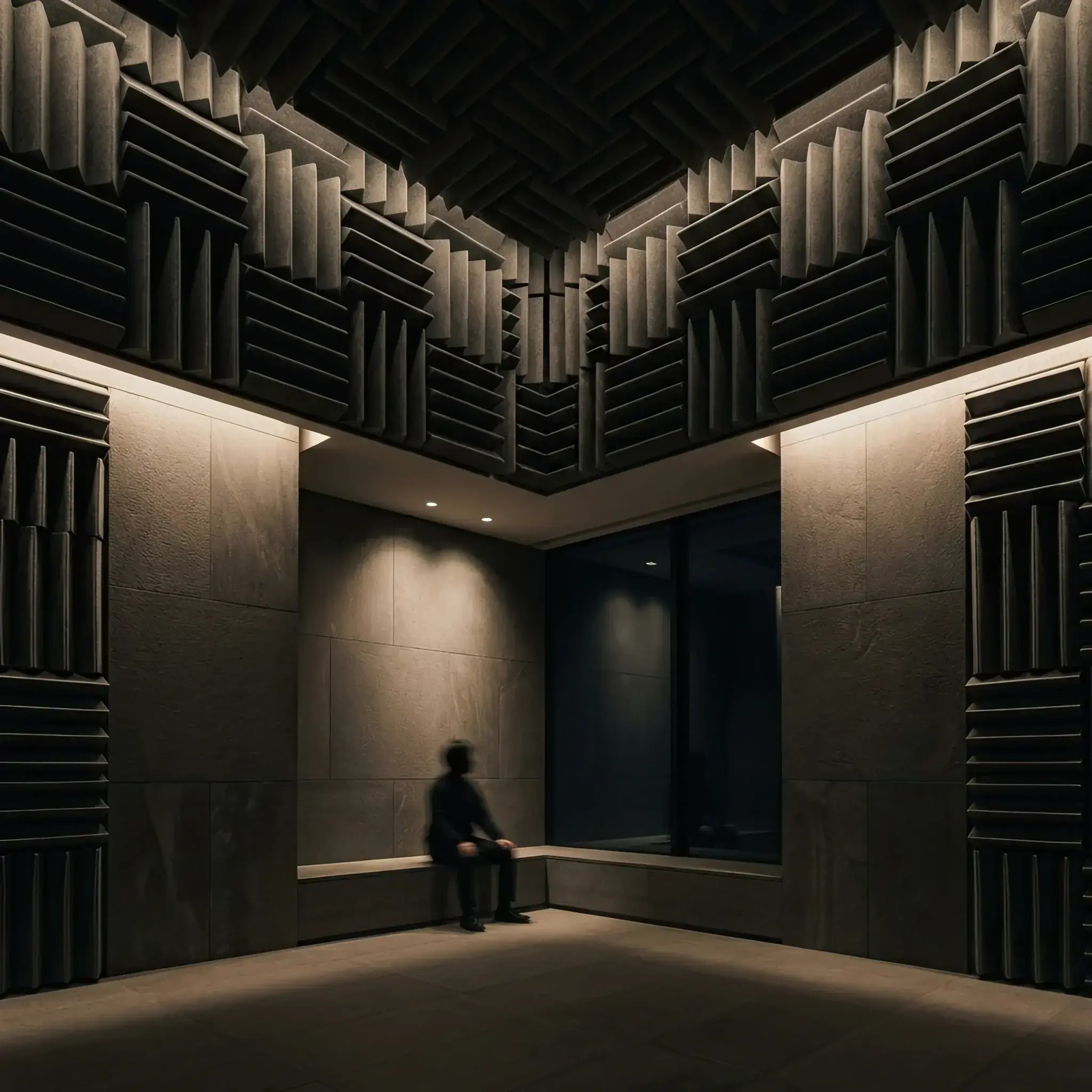 Архитектура и дизайн: Сюрреалистичный интерьер вестибюль с глубоким поглощением звука и футуристичной геометрией стен