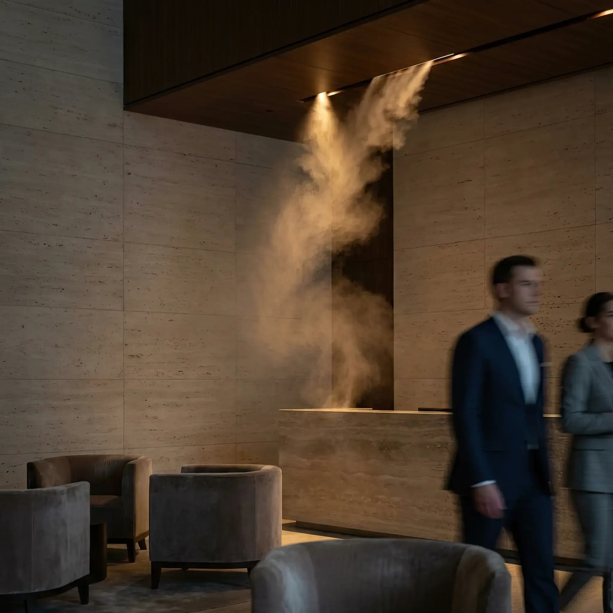 Архитектура и дизайн: Спокойное вестибюль отеля с мягким туманом от встроенных увлажнителей и натуральной отделкой