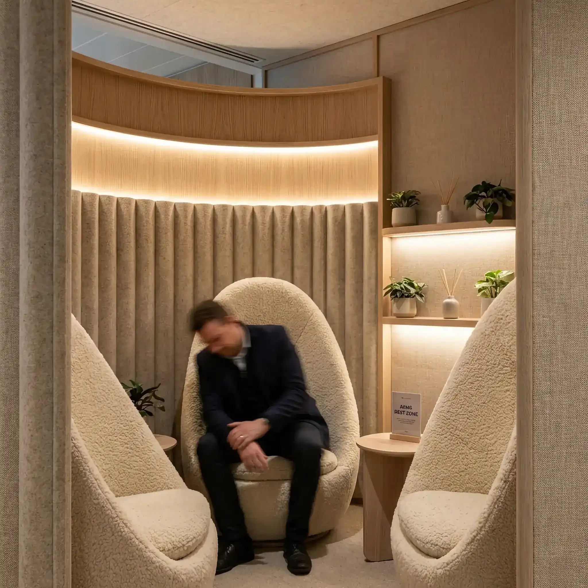 Архитектура и дизайн: Уютная зона отдыха с мягким освещением, коконами-креслами и текстурными стенами