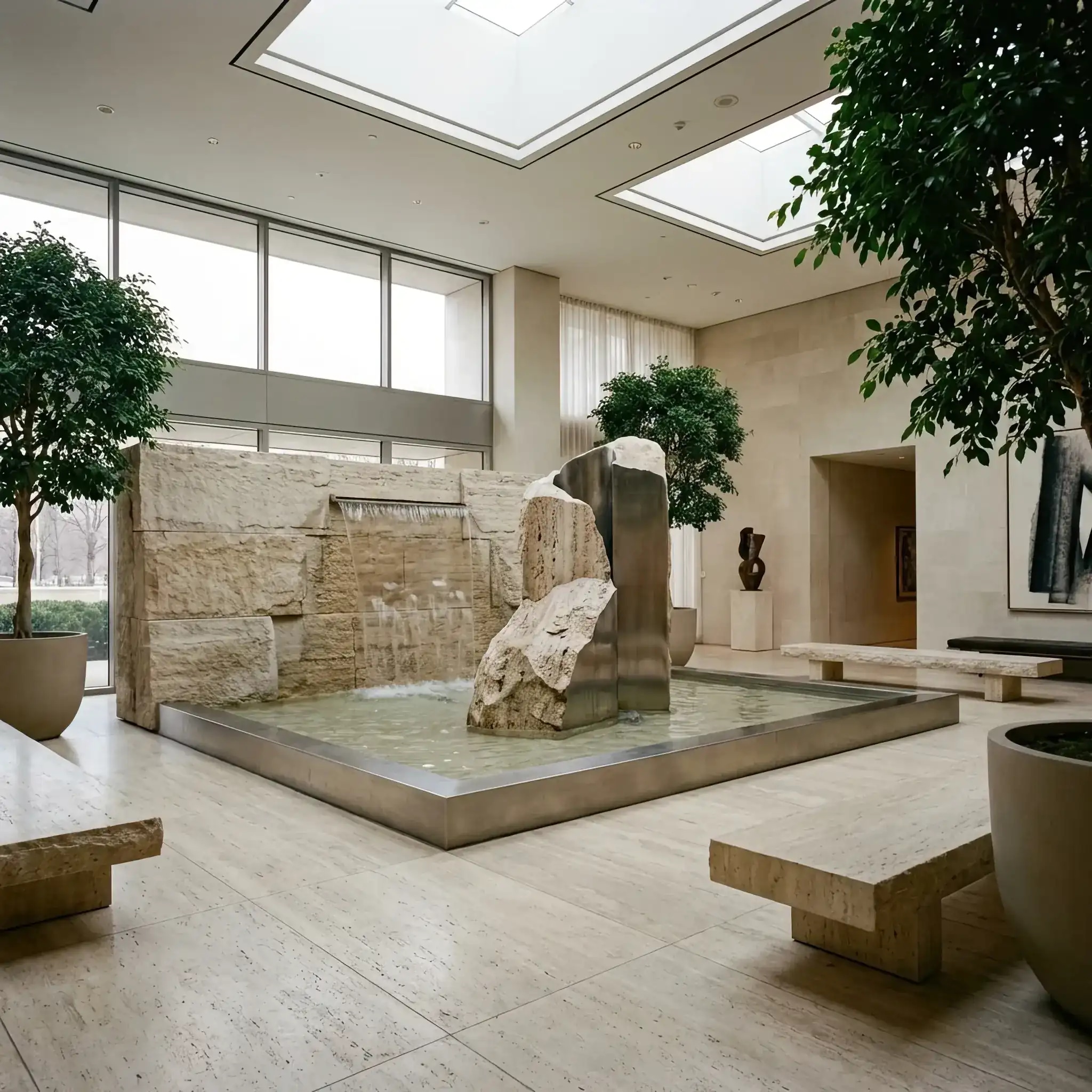 Архитектура и дизайн: Элегантный фонтан в центре вестибюль, не требующий водопровода, создающий воду из влаги воздуха