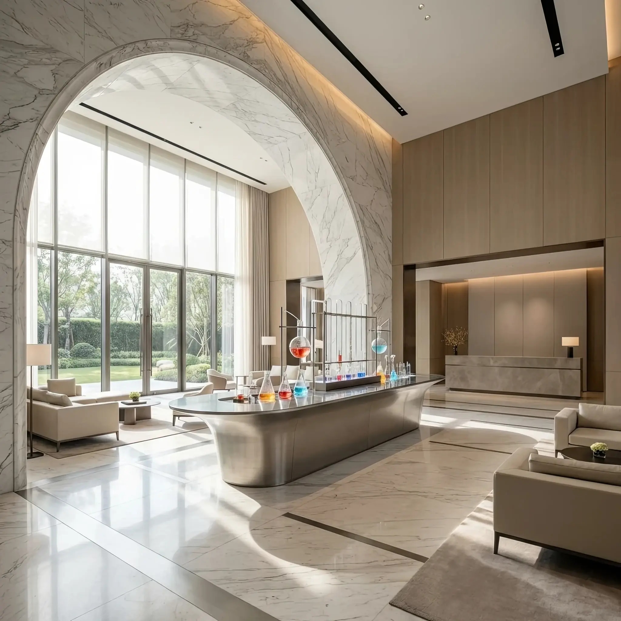 Архитектура и дизайн: Лаконичный футуристичный киоск в вестибюле выдает гостю напиток ярко-бирюзового цвета, состав которого идеально сбалансирован под его биохимический профиль