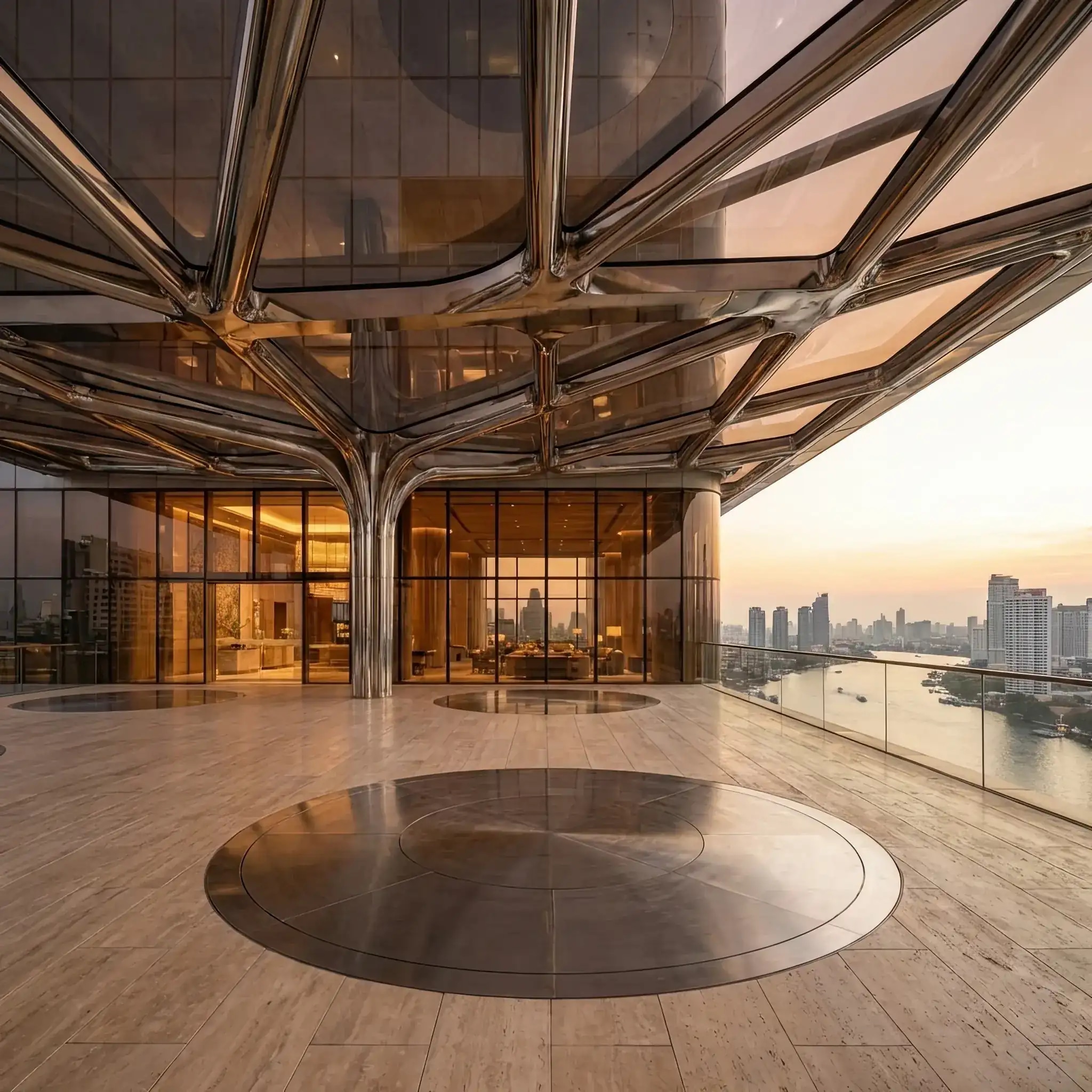 Архитектура и дизайн: Автономный курьерский дрон подлетает к специальному шлюзу в верхней части фасада, передавая посылку в роботизированную систему хранения здания