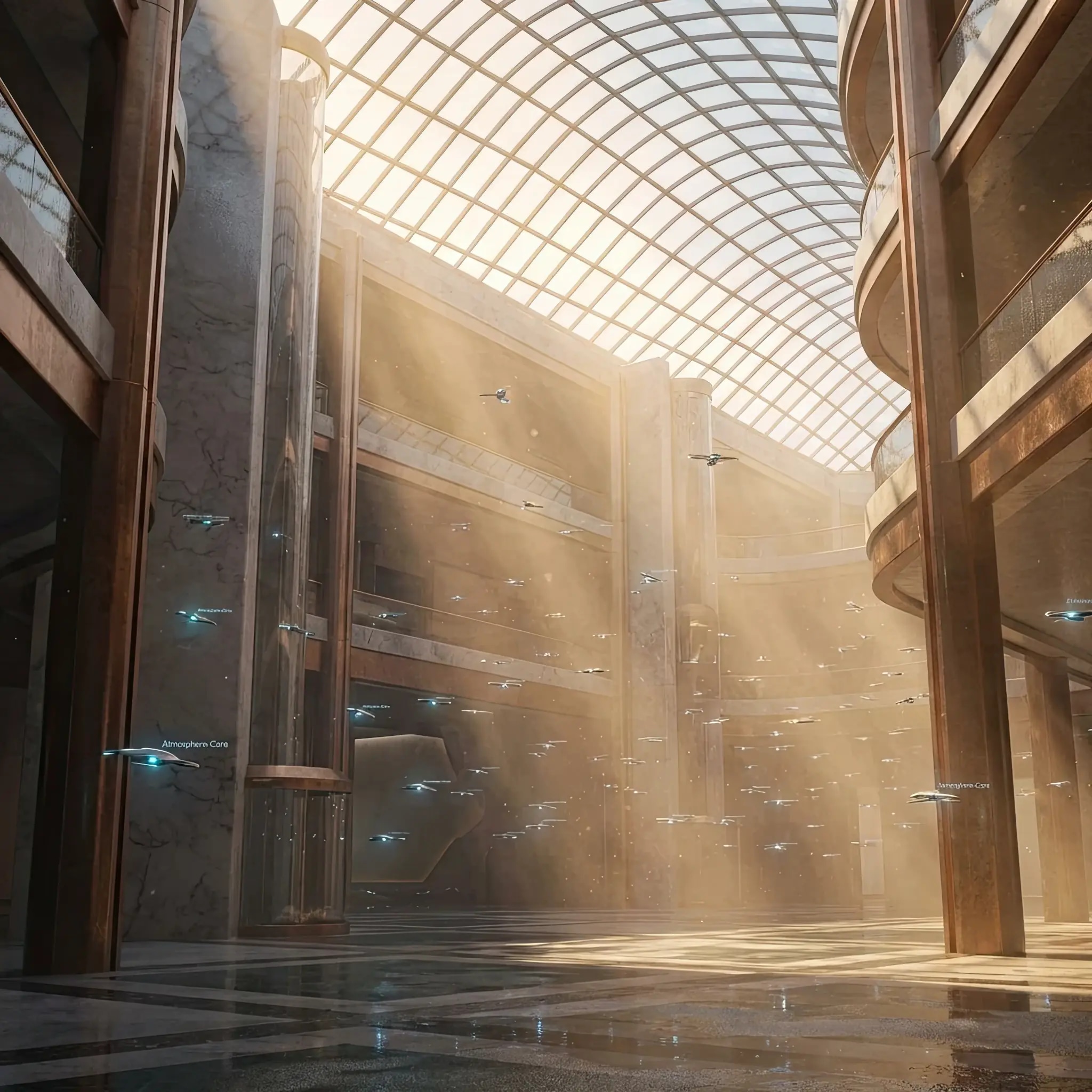 Архитектура и дизайн: Скоростной мини-дрон в вестибюль ловит в воздухе случайно выроненный гостем чек, не давая ему коснуться пола