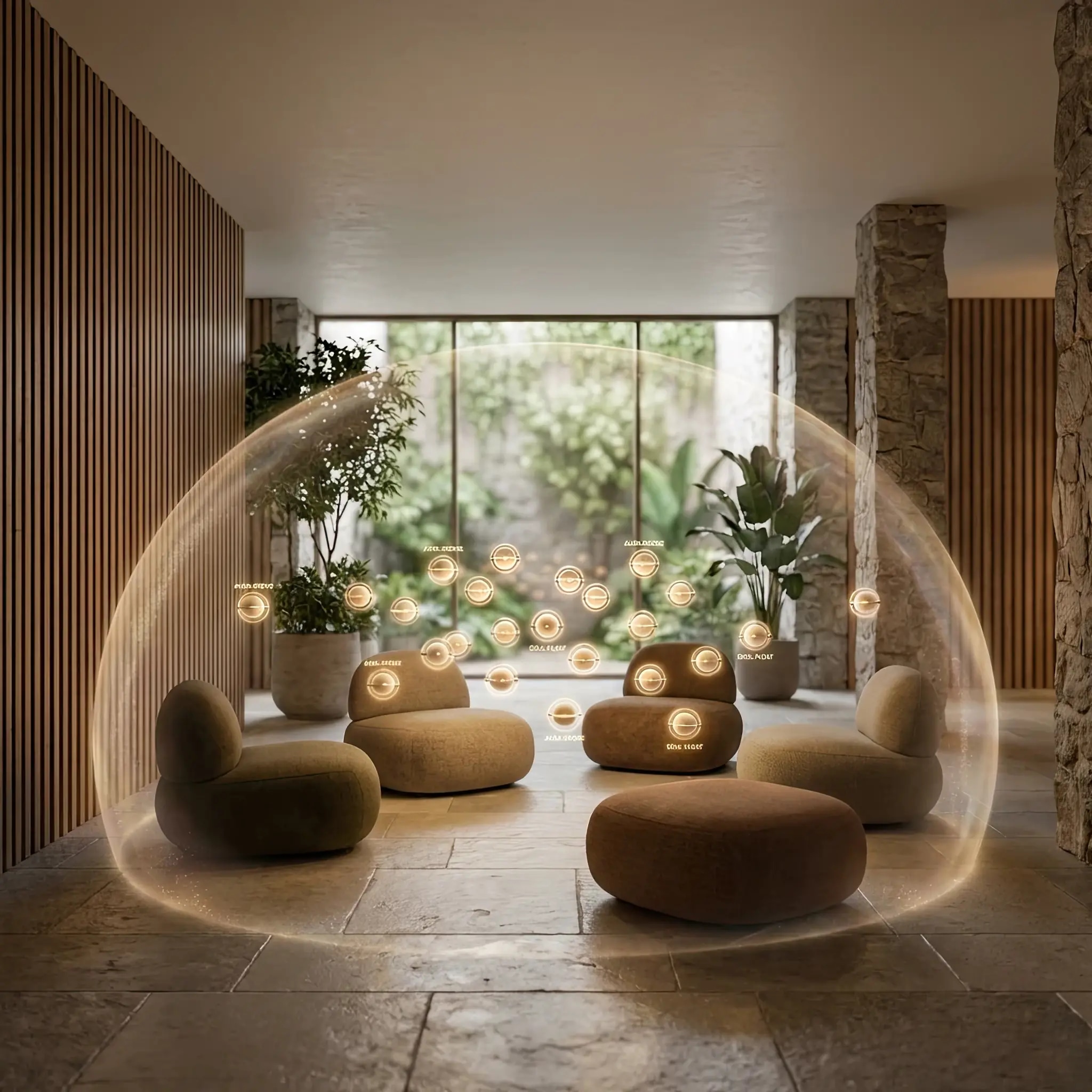 Архитектура и дизайн: Бесшумный элегантный дрон доставляет кофе гостю, сидящему в глубине просторного вестибюль