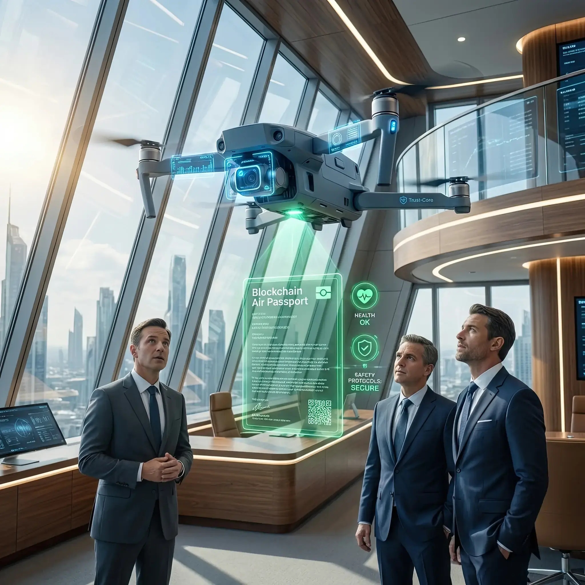 Архитектура и дизайн: Дрон-сертификатор Trust-Core прецизионно подтверждает качество среды в VIP-зоне, формируя блокчейн-паспорт чистоты