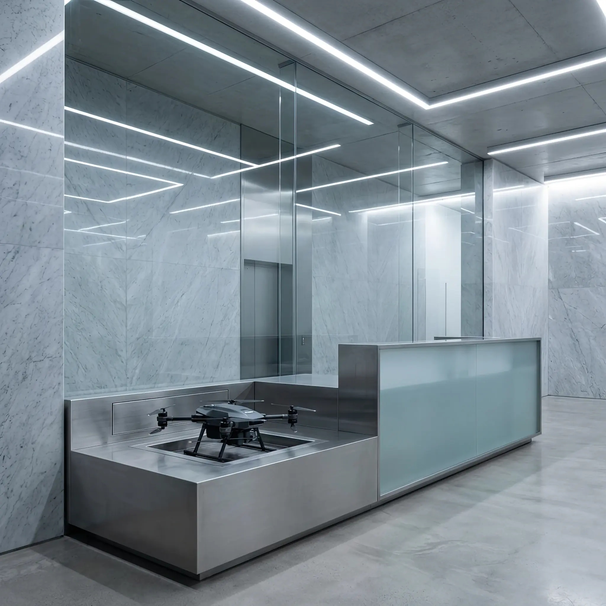 Архитектура и дизайн: Дрон-санитар проводит бесконтактную глубокую дезинфекцию поверхности стола в атриуме вестибюль