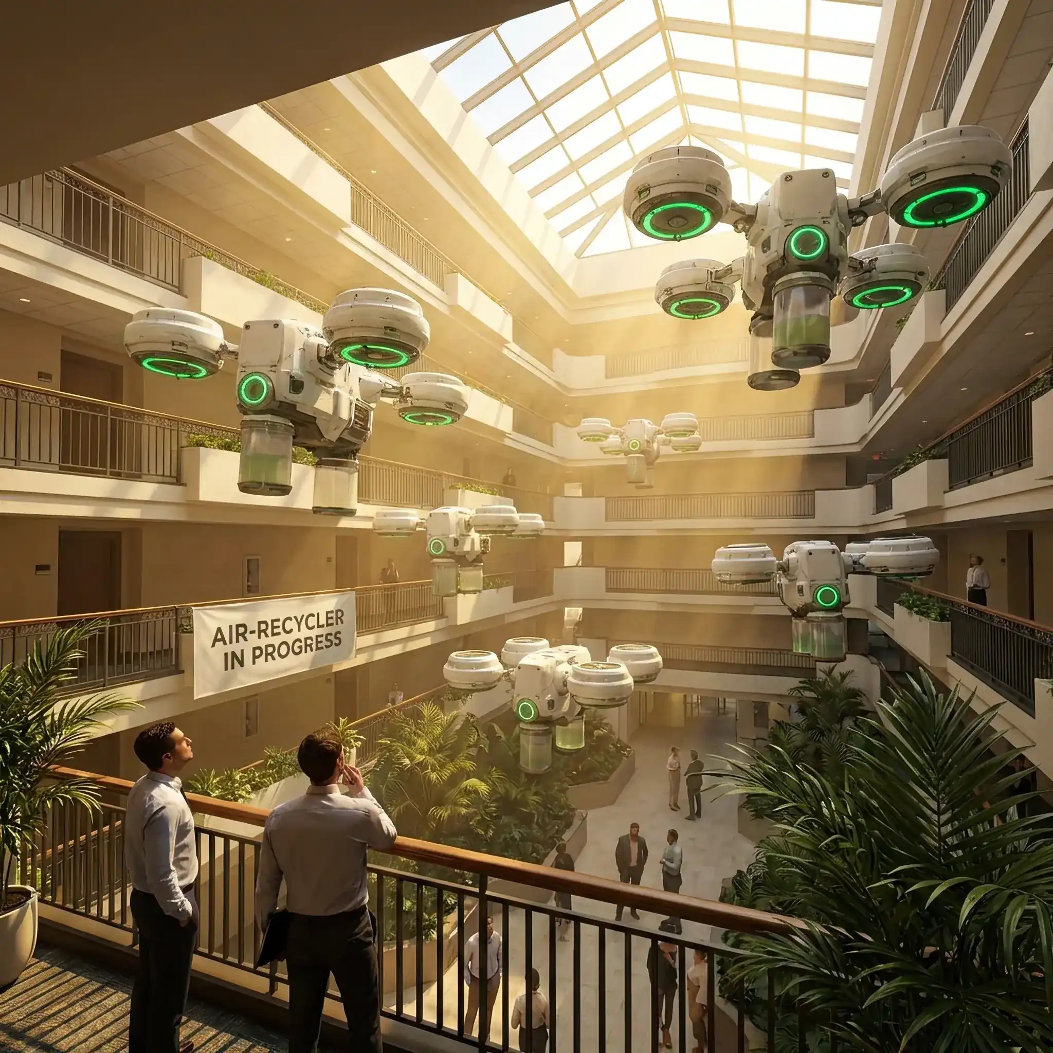 Архитектура и дизайн: Интеллектуальный рой Recycle-Grid осуществляет селективную абсорбцию и трансформацию атмосферных ресурсов атриума