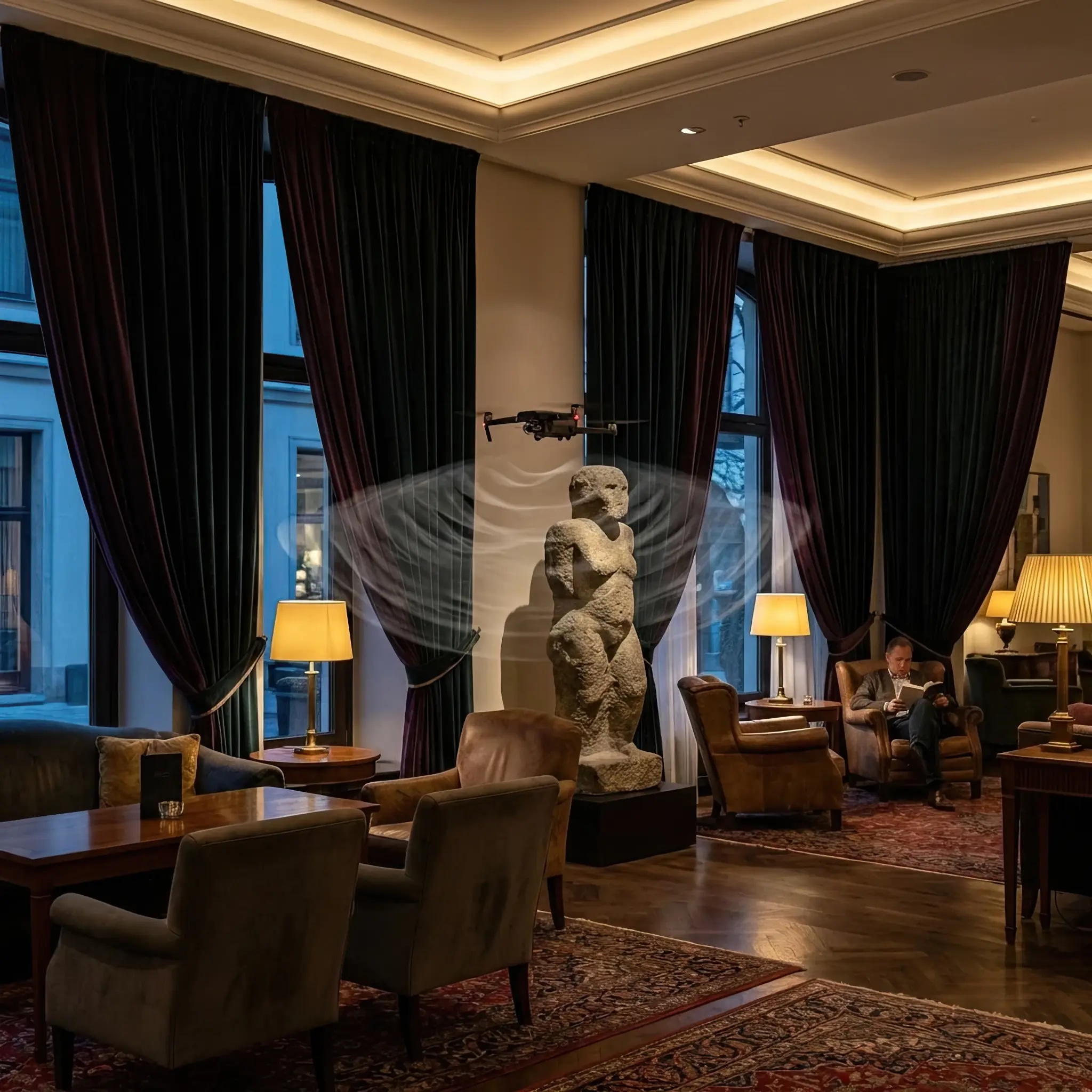 Архитектура и дизайн: Рой дронов создает тонкую сеть вибраций в воздухе вестибюль, мягко воздействуя на биоритмы гостей для снятия стресса