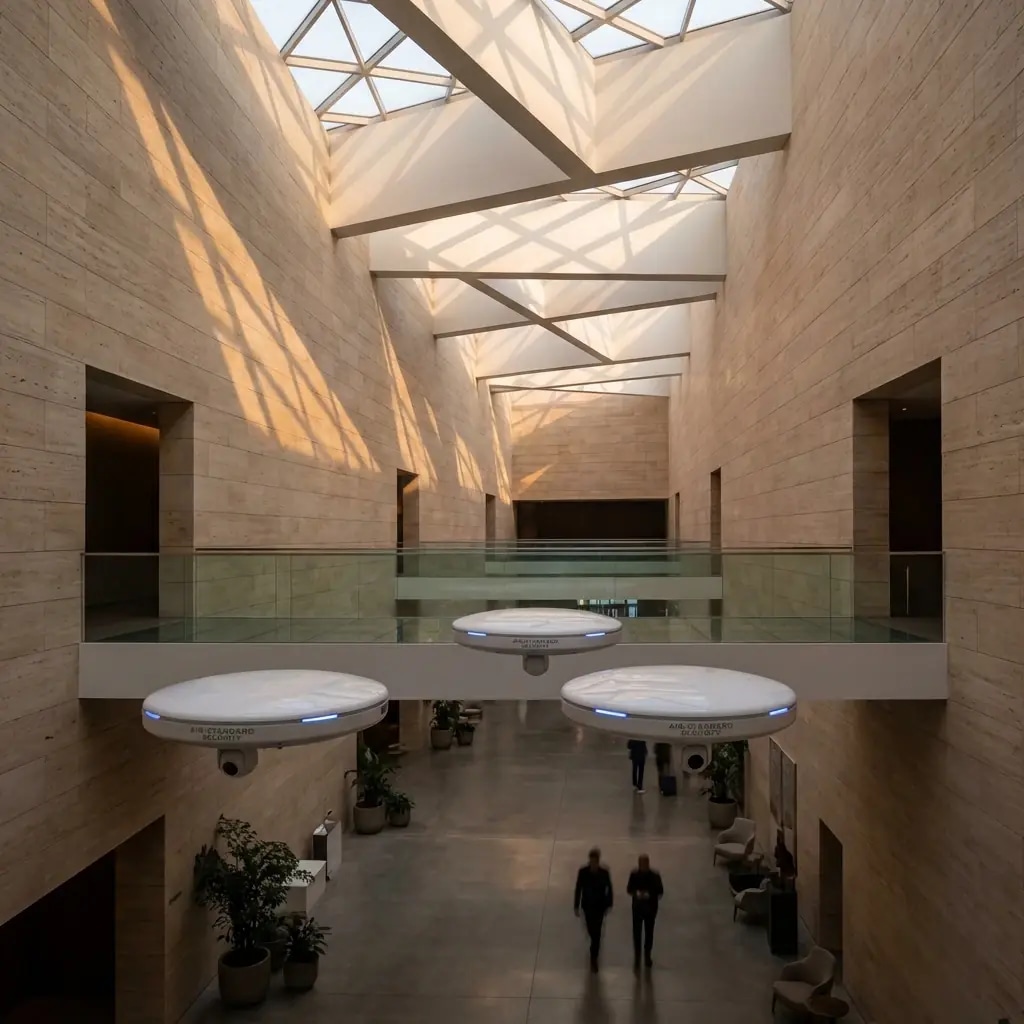 Архитектура и дизайн: Автономные стражи бесшумно патрулируют своды атриума, осуществляя прецизионный масс-спектрометрический анализ воздушной среды