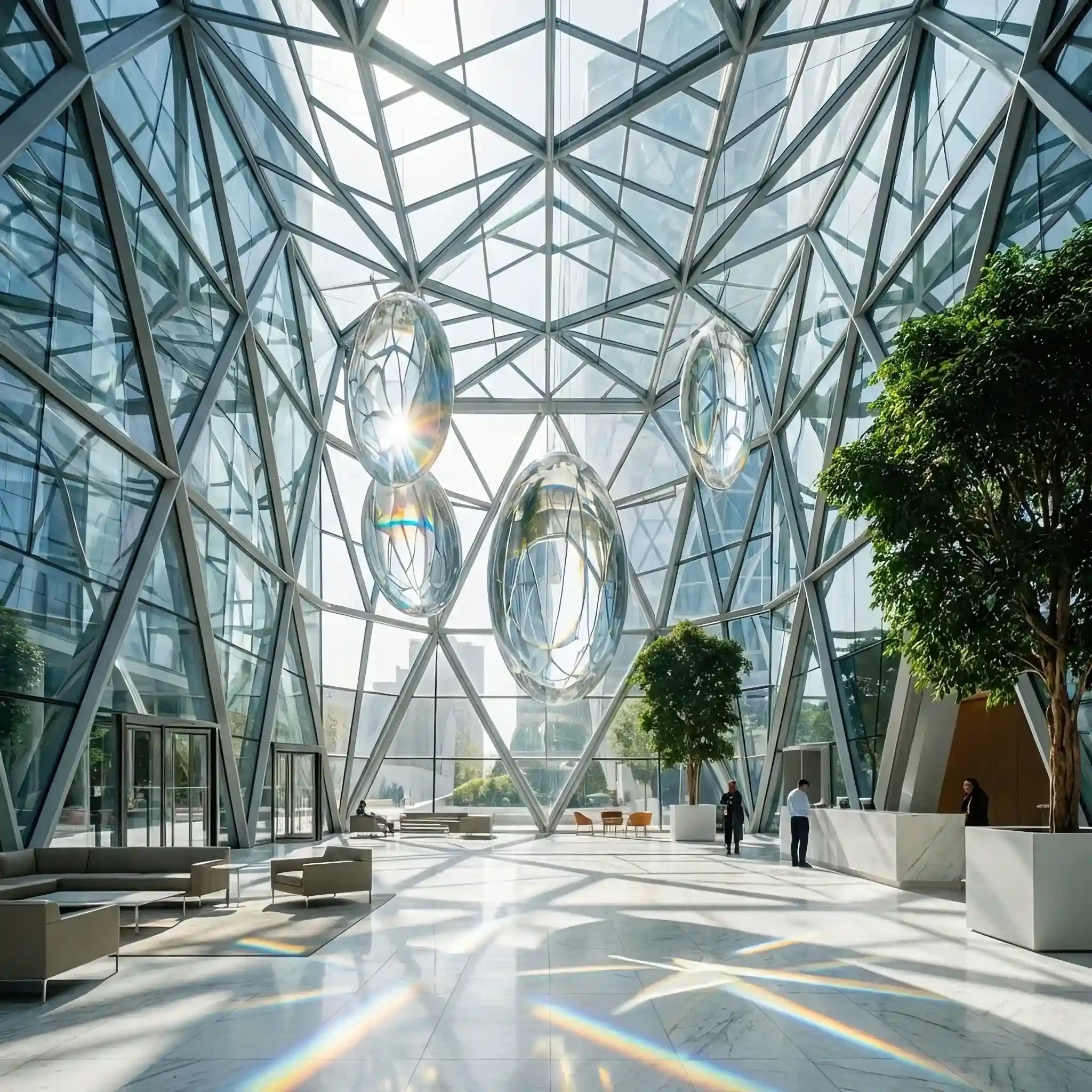 Архитектура и дизайн: Дроны-кристаллы устраняют эффект марева и искажений в атриуме вестибюль для идеального вида через панорамные окна