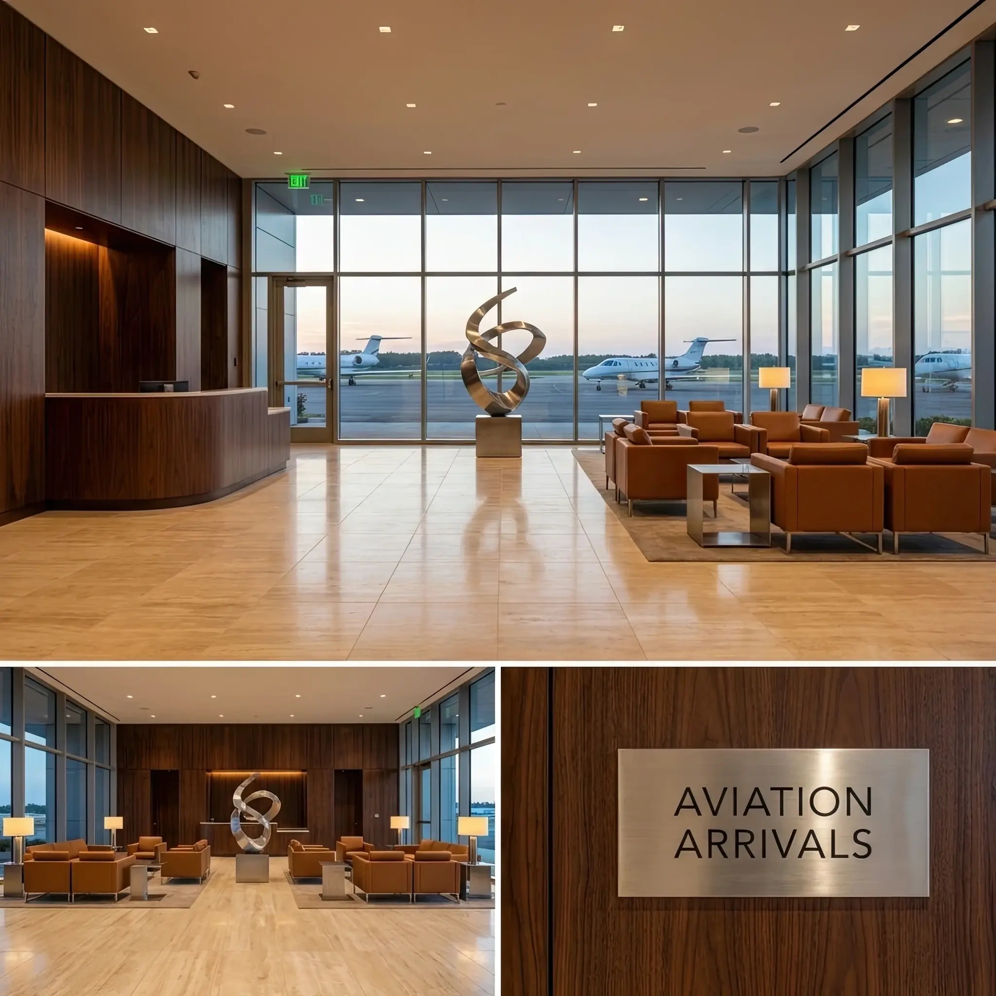 Архитектура и дизайн: Футуристический приемная в аэропорту с плавными линиями, напоминающими фюзеляж самолета