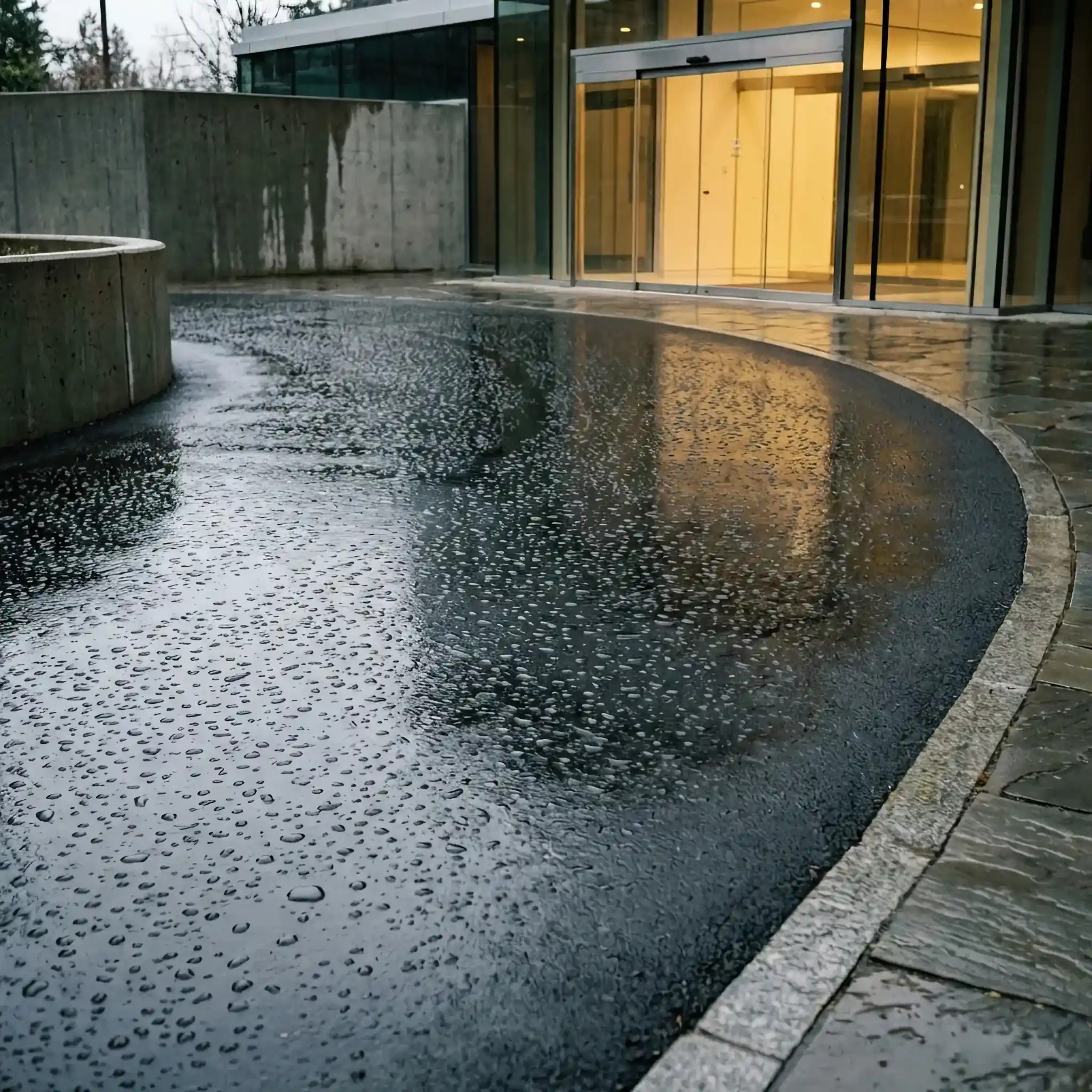 Архитектура и дизайн: Крупный план дорожного покрытия перед вестибюль, где микротрещина затягивается сама собой благодаря активации биологических агентов внутри структуры