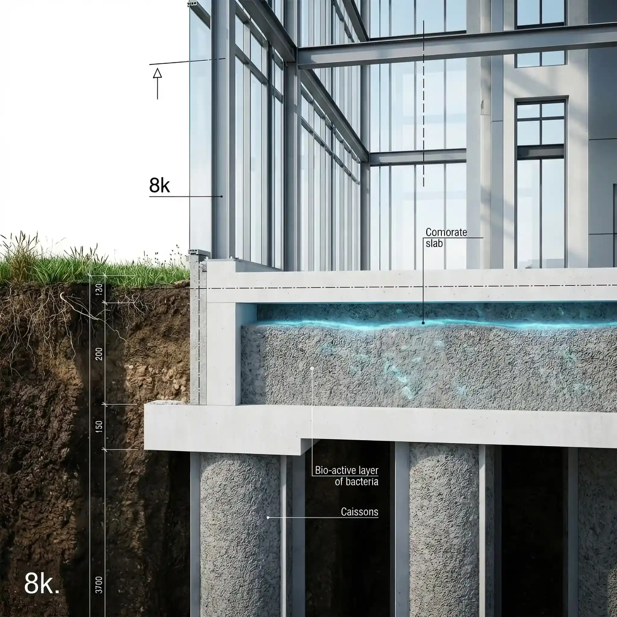 Архитектура и дизайн: Схематичный разрез фундамента здания, где микротрещина в бетоне заполняется кальцитом, вырабатываемым био-активными капсулами