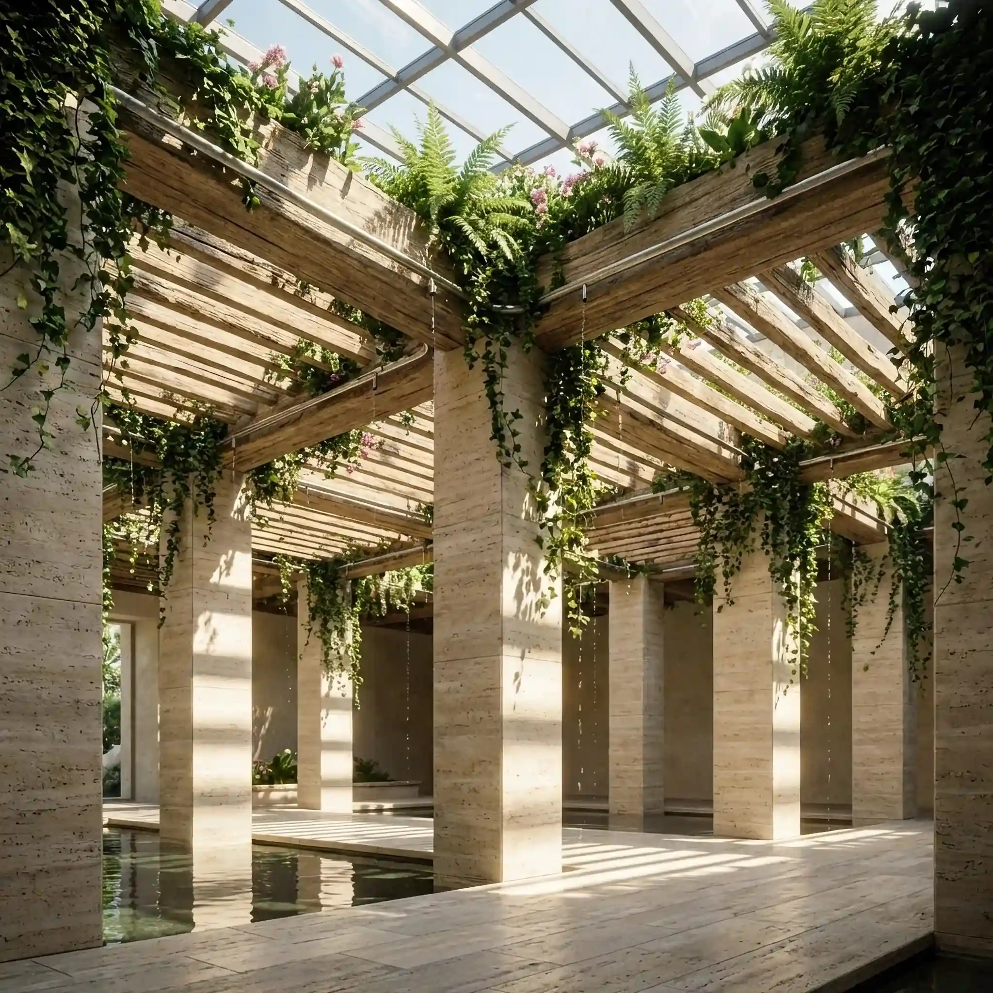 Архитектура и дизайн: Интерьер вестибюль с интегрированными живыми биологическими структурами и вертикальными садами