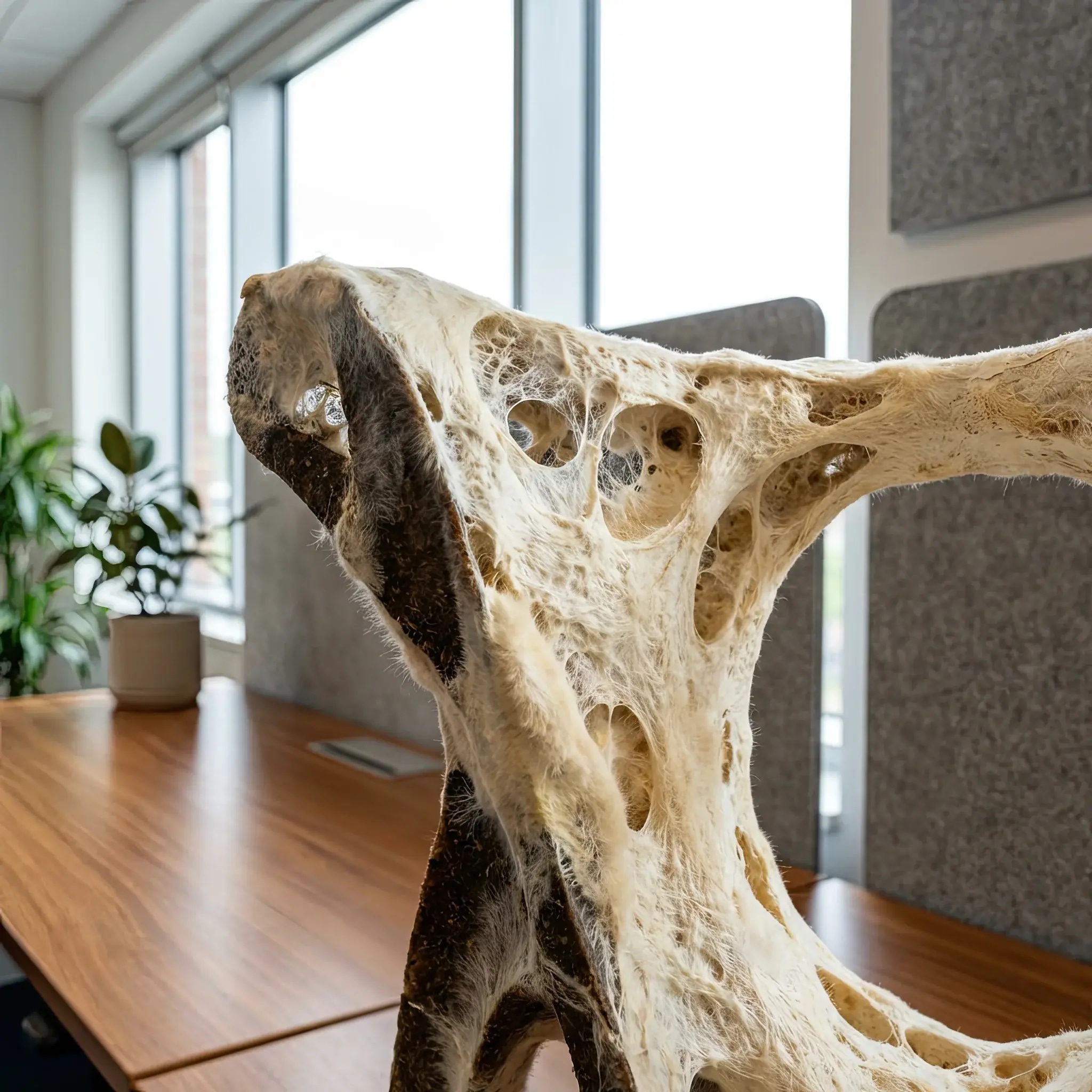 Архитектура и дизайн: Деталь мебели с органической пористой структурой, выращенной из мицелия и био-композитов