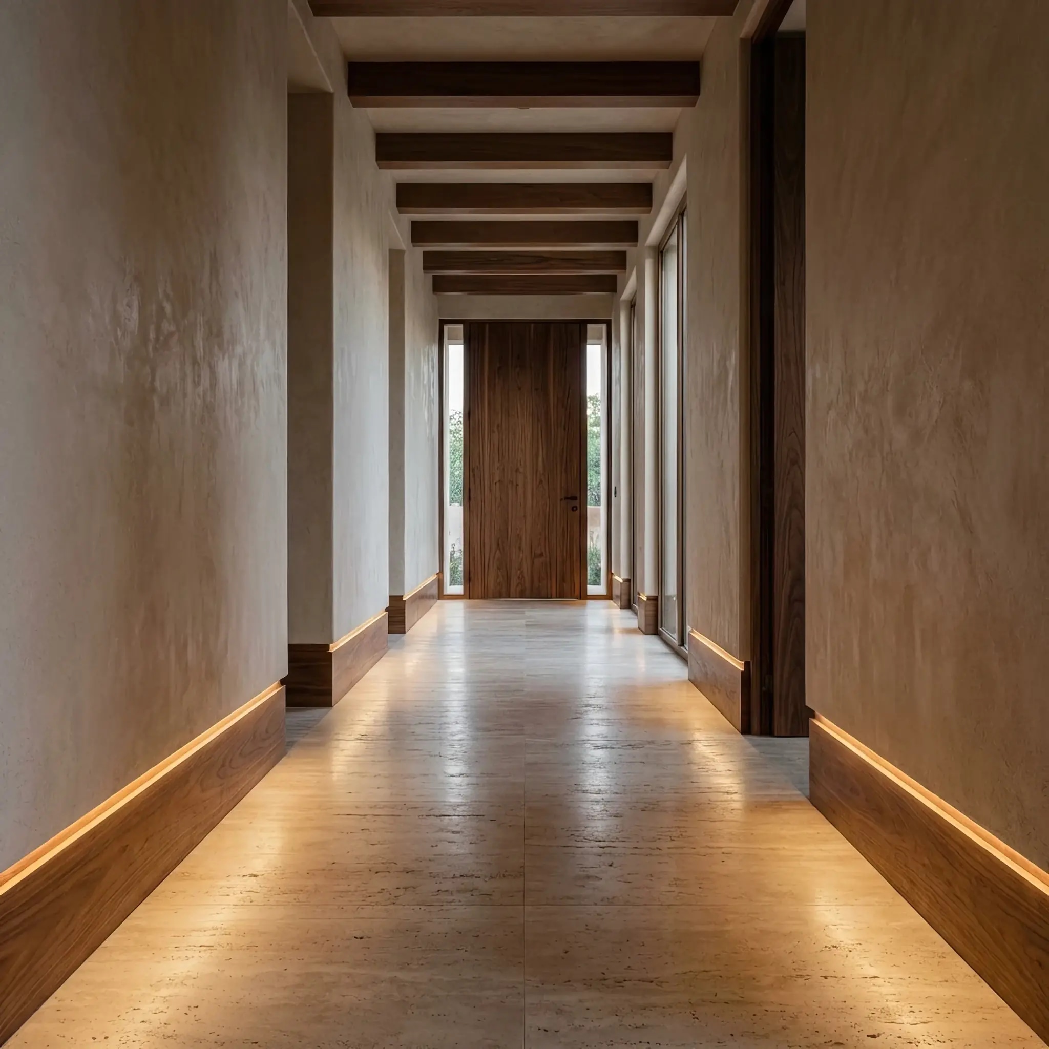 Архитектура и дизайн: Дорожка в вестибюль, мягко подсвеченная встроенными сосудами с живыми светящимися водорослями