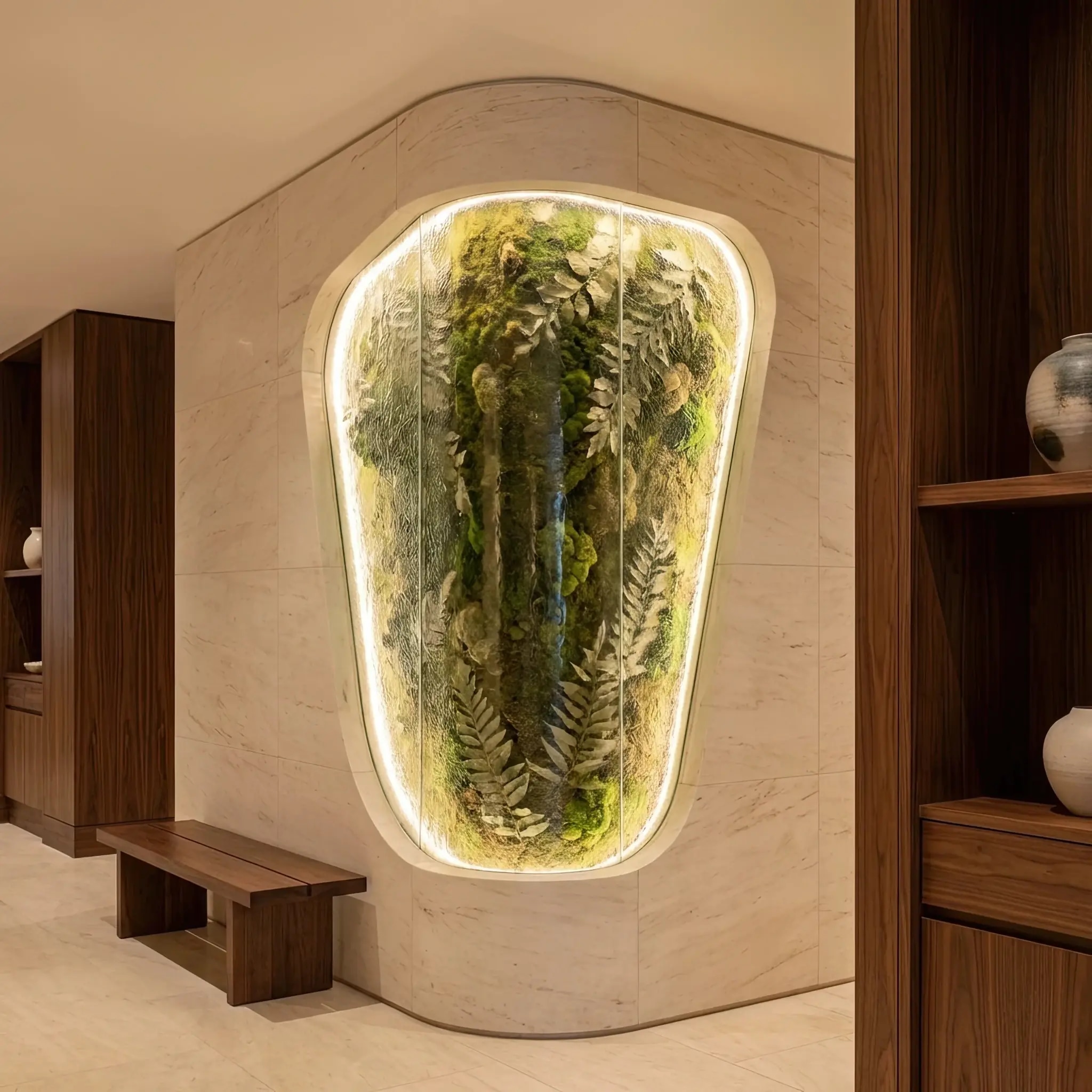 Архитектура и дизайн: Стеклянная стена, заполненная светящимися зелеными микроводорослями, которая активно вырабатывает кислород в атриуме вестибюль