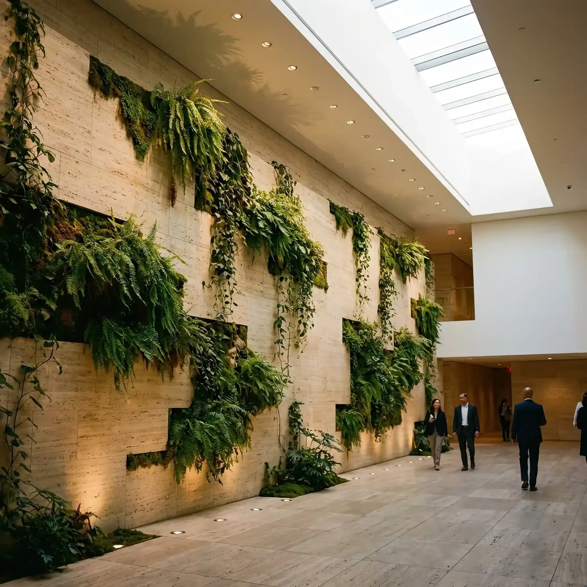 Архитектура и дизайн: Вечернее вестибюль, освещенное мягким, естественным светом от листвы деревьев и цветов, которые светятся неоновым зеленым и голубым