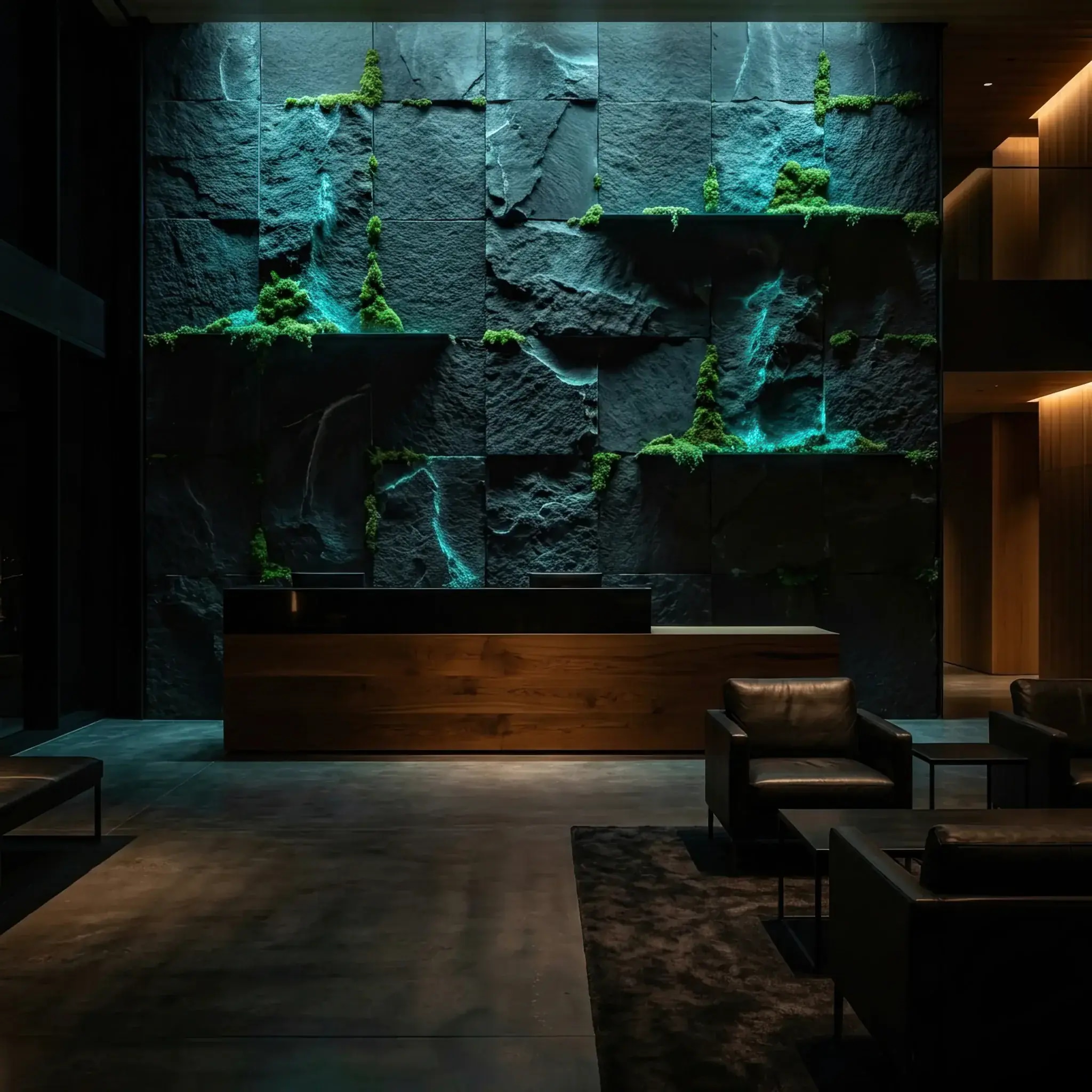 Архитектура и дизайн: Фантастическое вестибюль с мягким голубым свечением, исходящим прямо от стен, и органическими формами