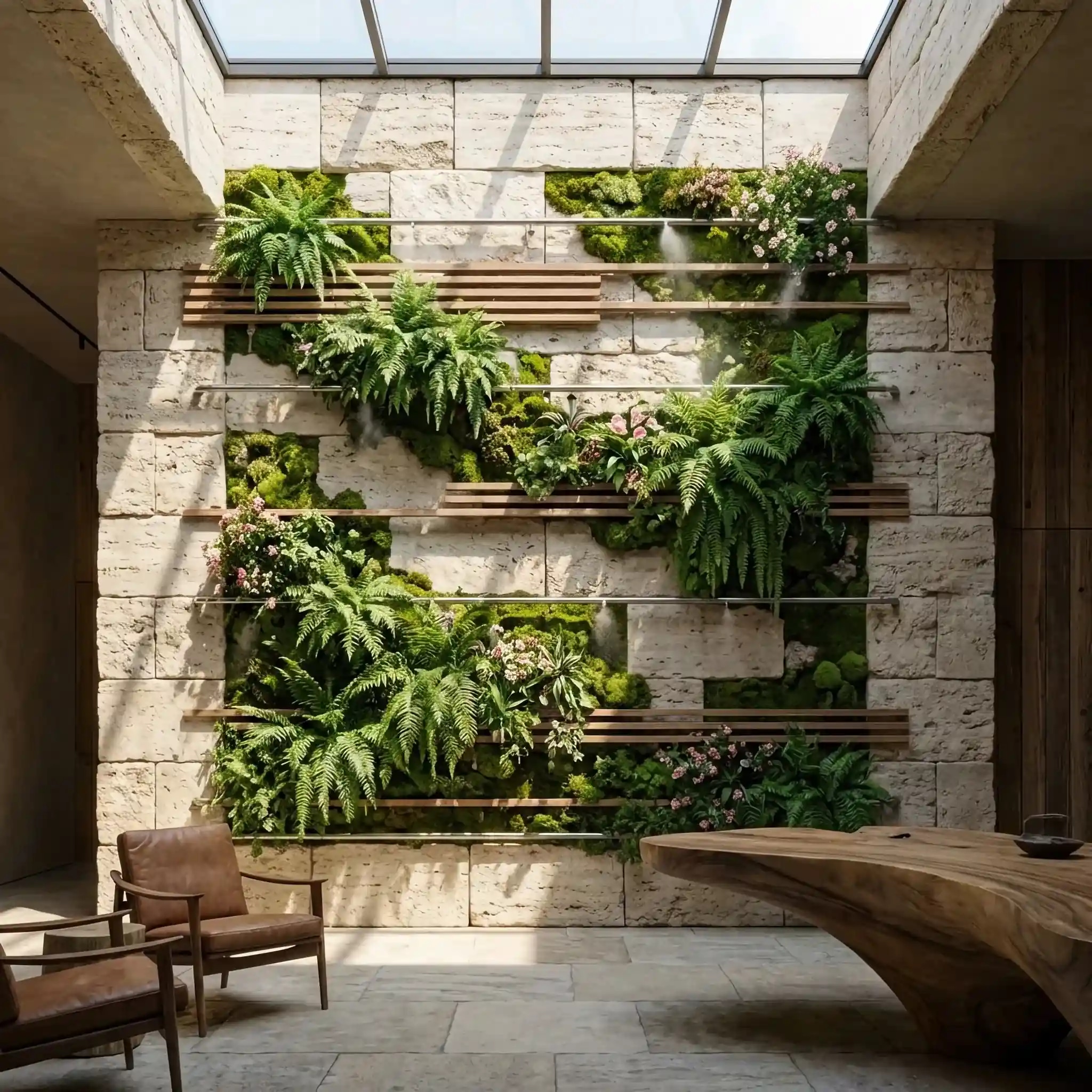 Архитектура и дизайн: Масштабная зеленая стена в вестибюль, где растения пульсируют светом и адаптируются к освещению, управляемые интеллектуальными алгоритмами