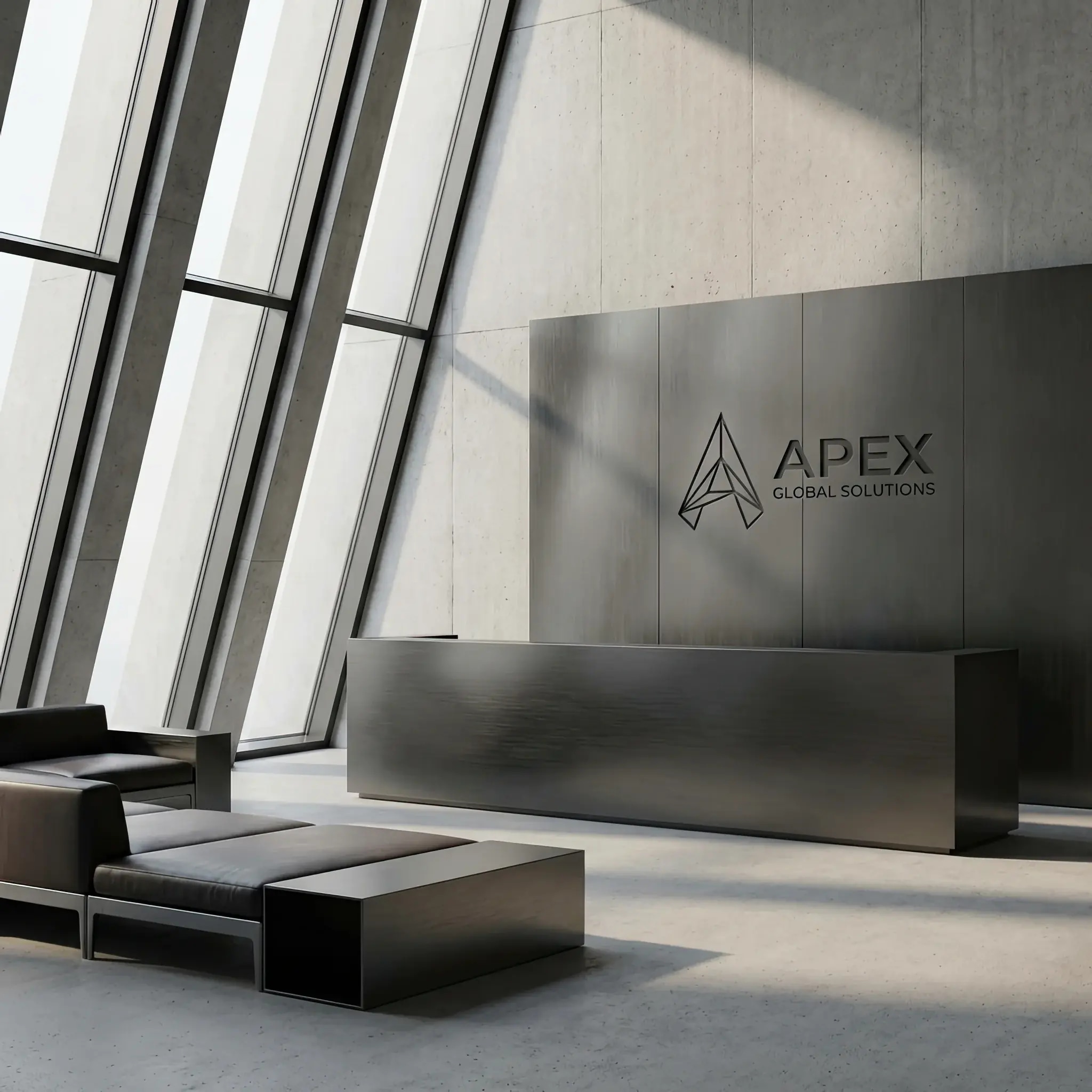 Архитектура и дизайн: Минималистичный приемная с деликатной гравировкой логотипа на металле, отражающий корпоративные ценности