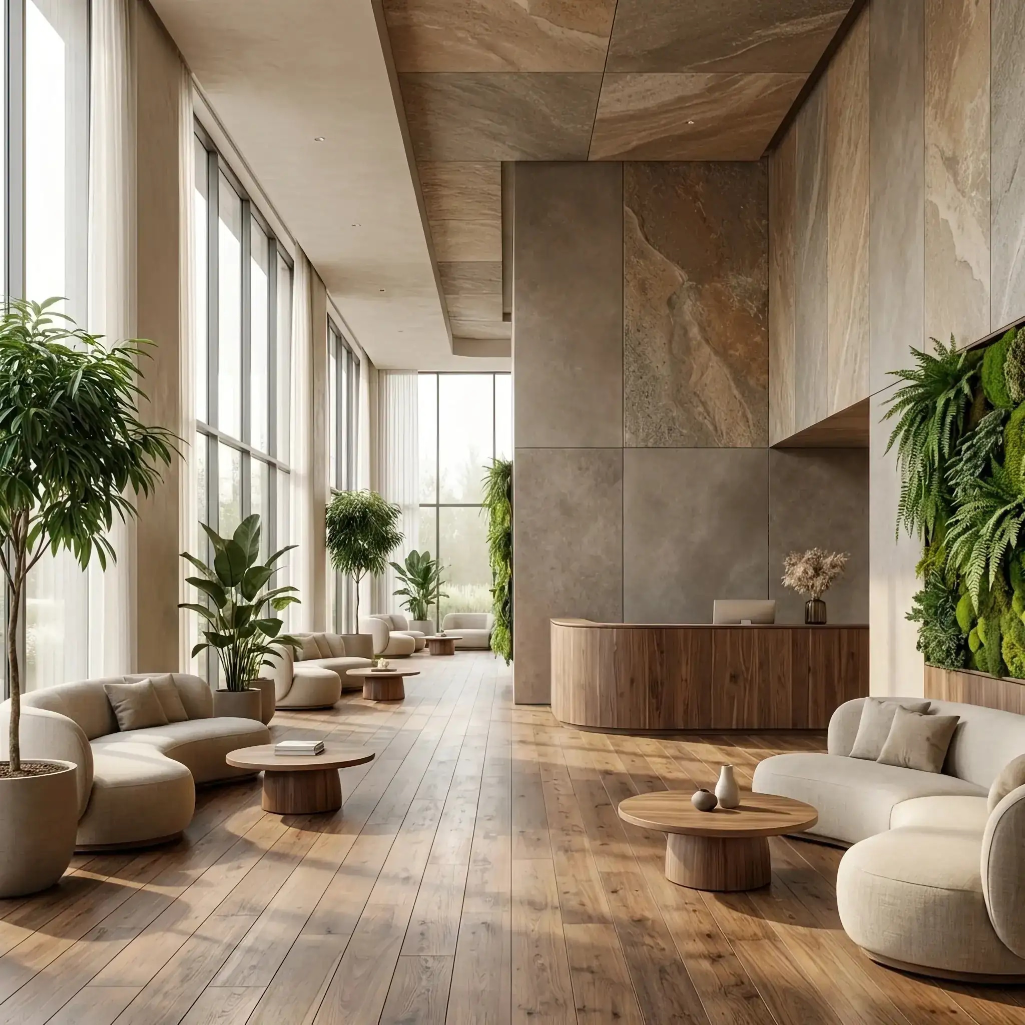 Архитектура и дизайн: Стильный интерьер вестибюль, выполненный из инновационного бетона, который активно поглощает углекислый газ из атмосферы