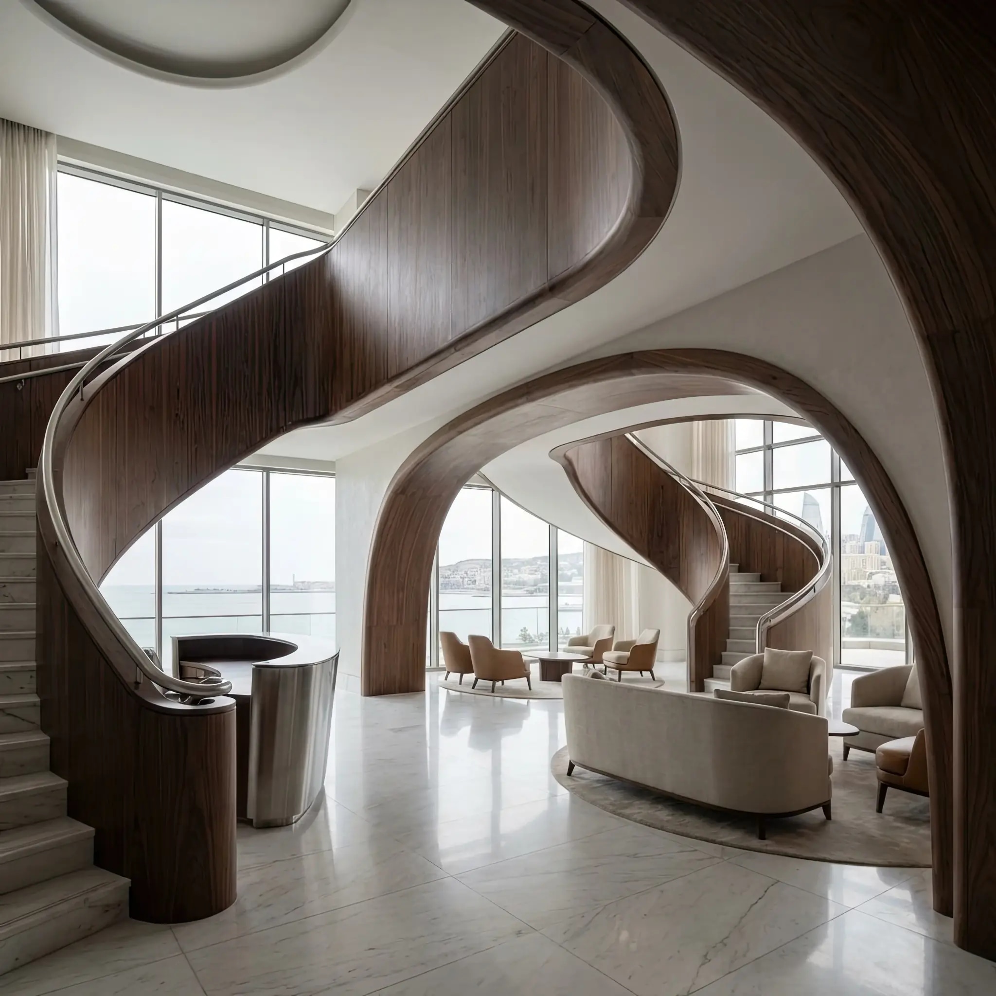 Архитектура и дизайн: Футуристичный приемная в Баку с бесшовными изгибами и высокоглянцевым покрытием
