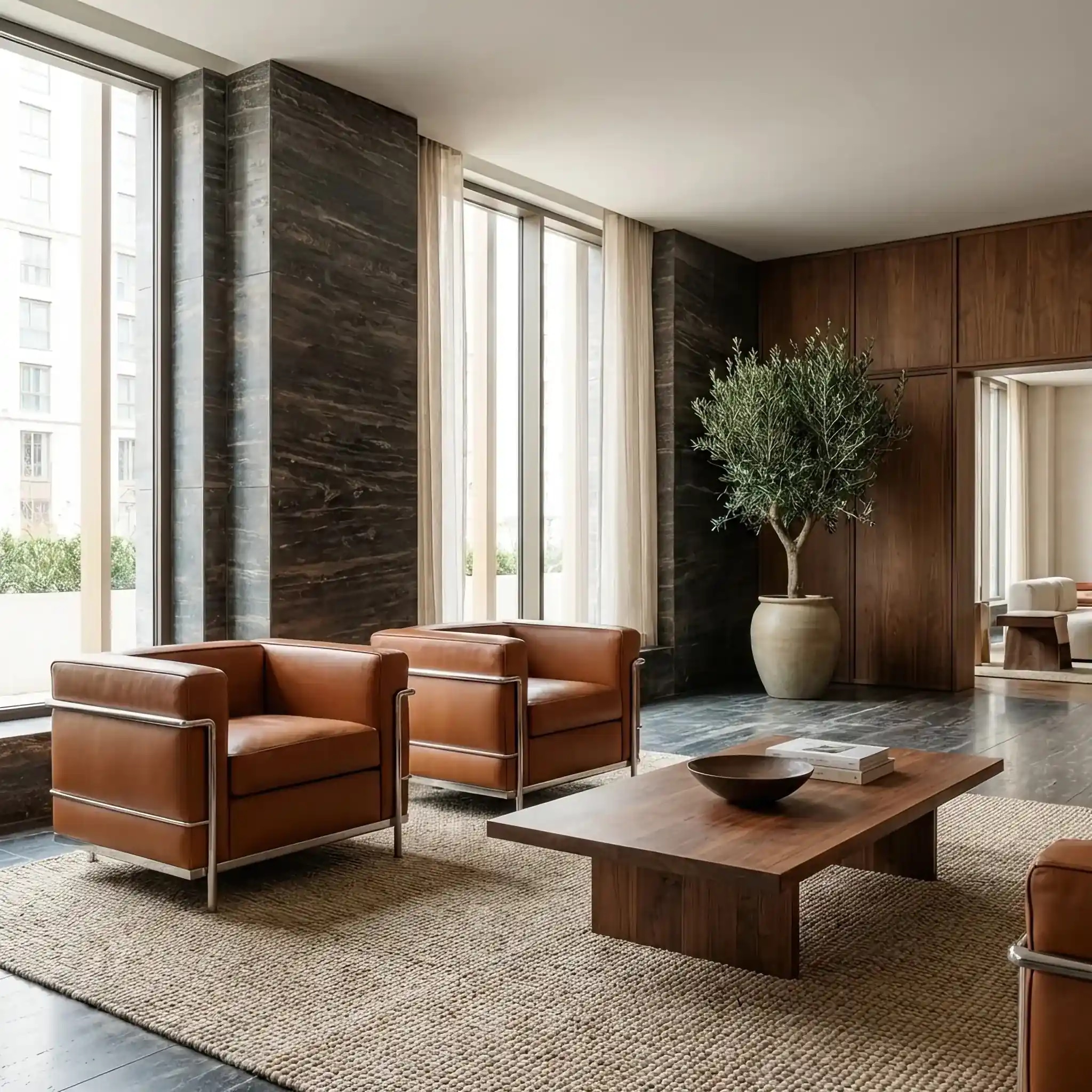 Архитектура и дизайн: Кресло Cassina LC2 в черной коже с хромированным каркасом в минималистичном интерьере