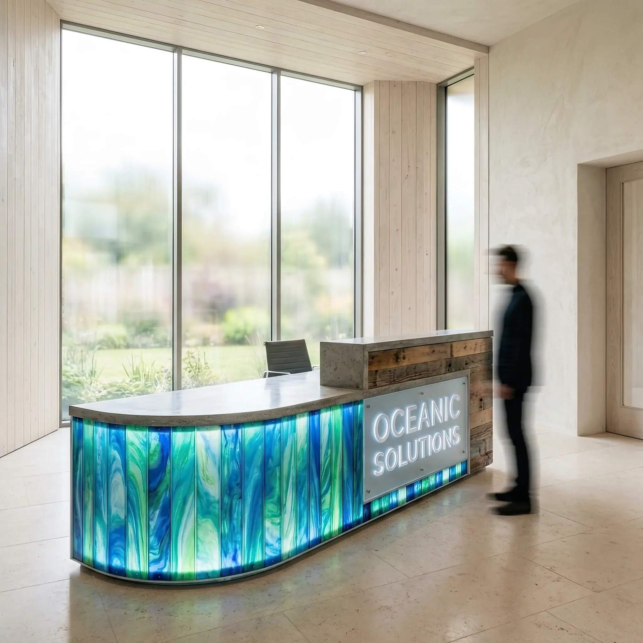 Архитектура и дизайн: Футуристичный приемная с полупрозрачным фасадом из переработанного океанического пластика в сине-зеленых тонах