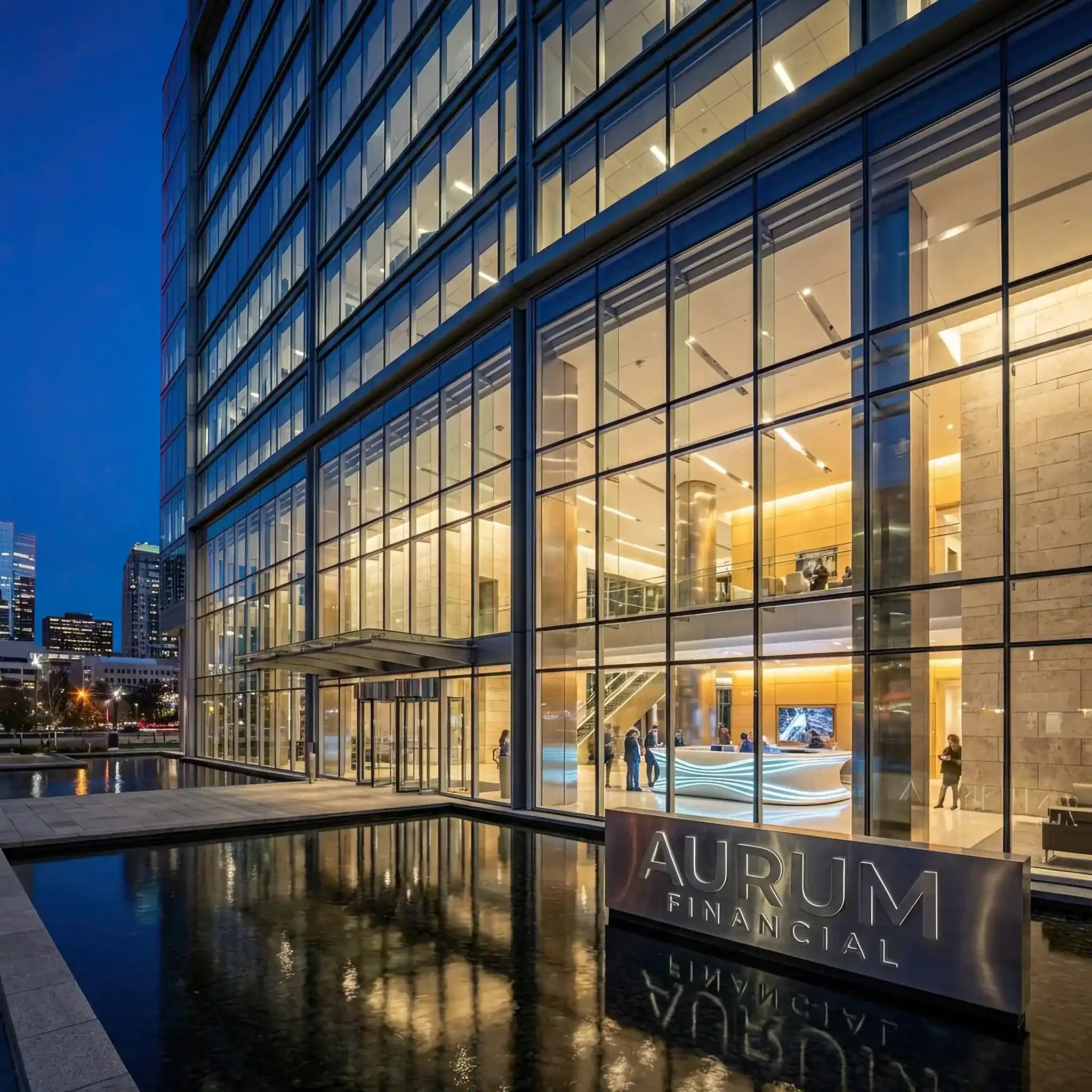 Архитектура и дизайн: Современное здание штаб-квартиры, где интерьер вестибюль просматривается через панорамное остекление, создавая образ успеха