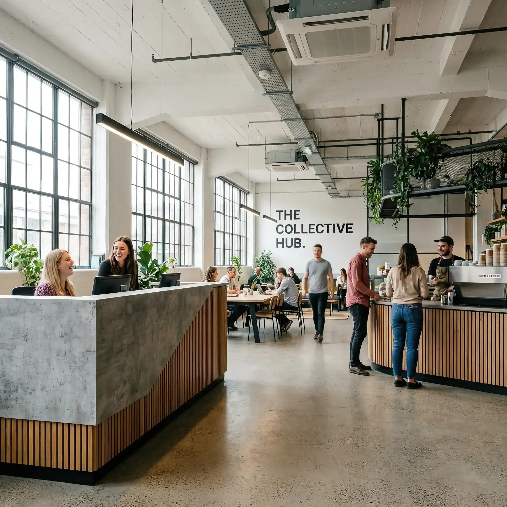 Архитектура и дизайн: Функциональная зона приема гостей в коворкинге с интегрированной кофе-станцией и терминалами для экспресс-работы