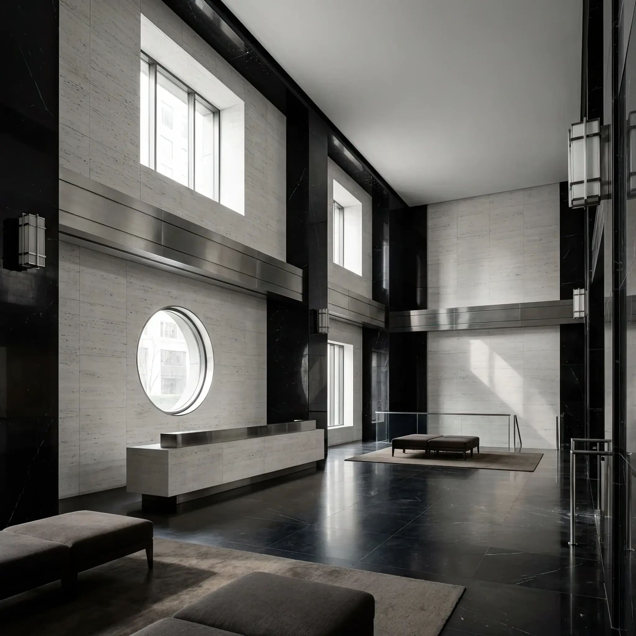 Архитектура и дизайн: Футуристический белый холл крио-центра с капсулами и стойка регистрации из матового стекла с голубой подсветкой