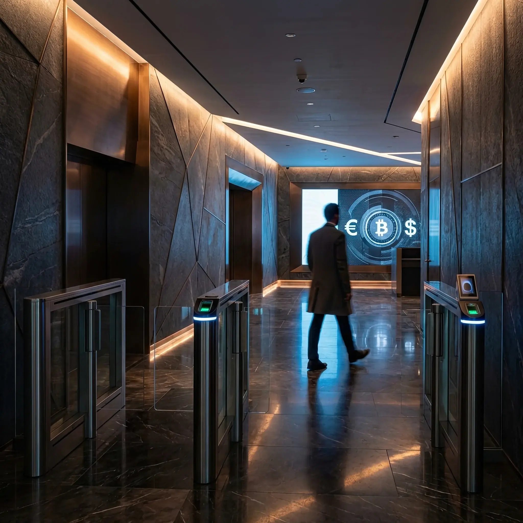 Архитектура и дизайн: Роскошное вестибюль крипто-банка с биометрическими шлюзами и футуристическими сейфовыми ячейками