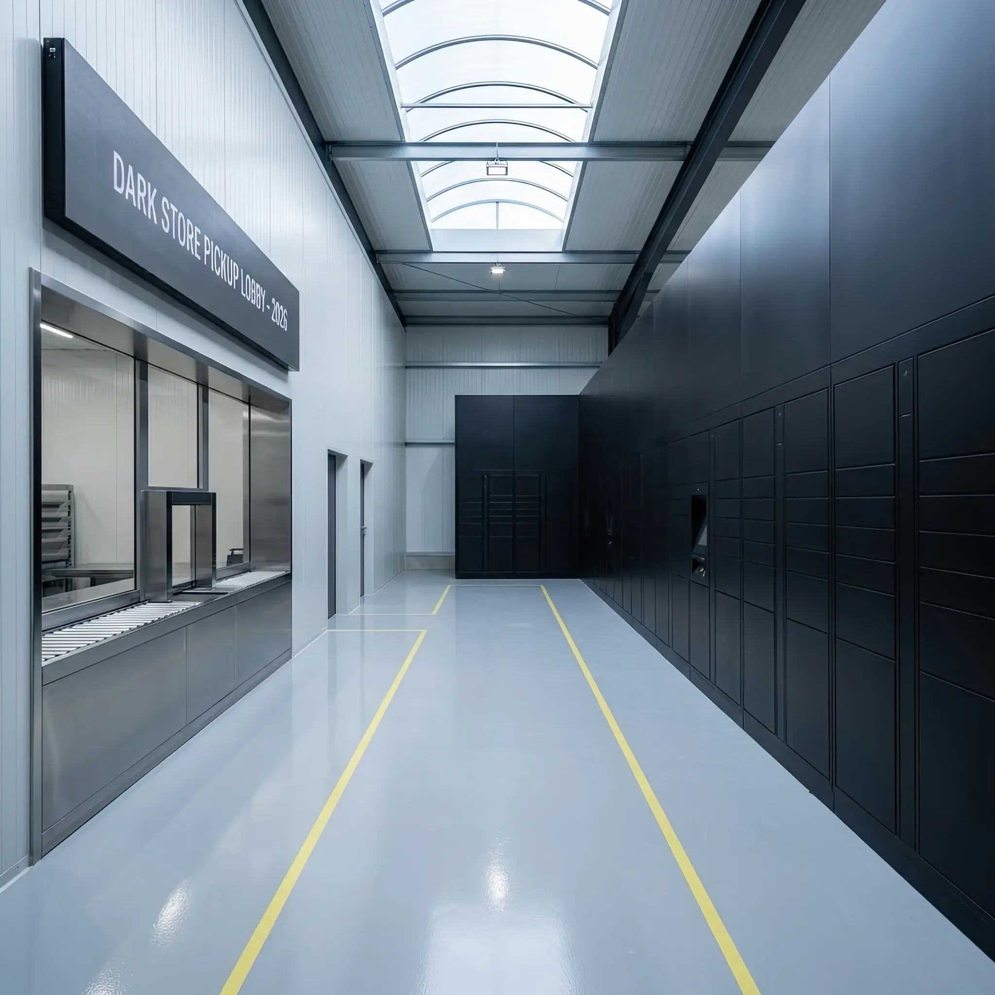 Архитектура и дизайн: Индустриальное пространство Dark Store с роботами-собирателями заказов и минимальным стойка регистрации для курьеров