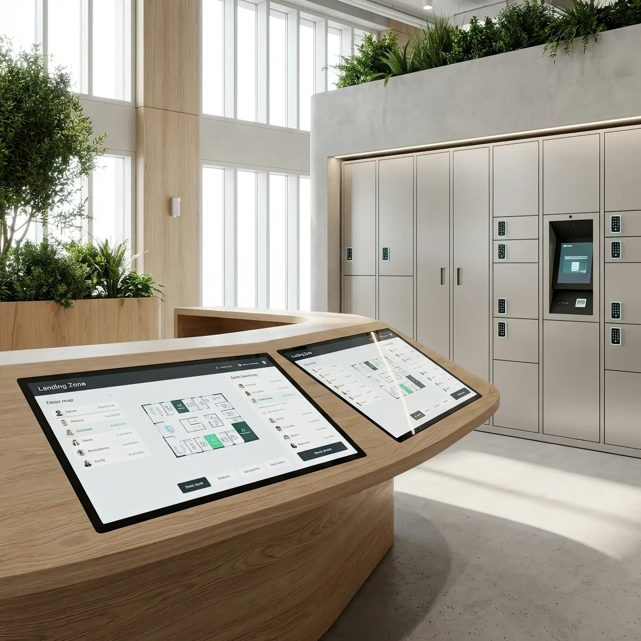 Архитектура и дизайн: Высокотехнологичный гибкий офис с адаптивным зонированием, где зона приема служит интеллектуальным центром управления