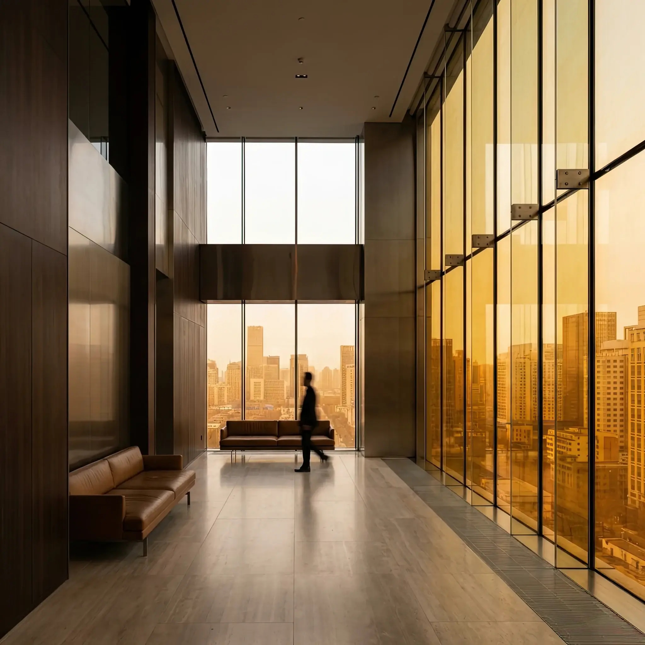 Архитектура и дизайн: Стойка приемная с переливающимися стеклянными панелями, меняющими цвет от синего до золотого