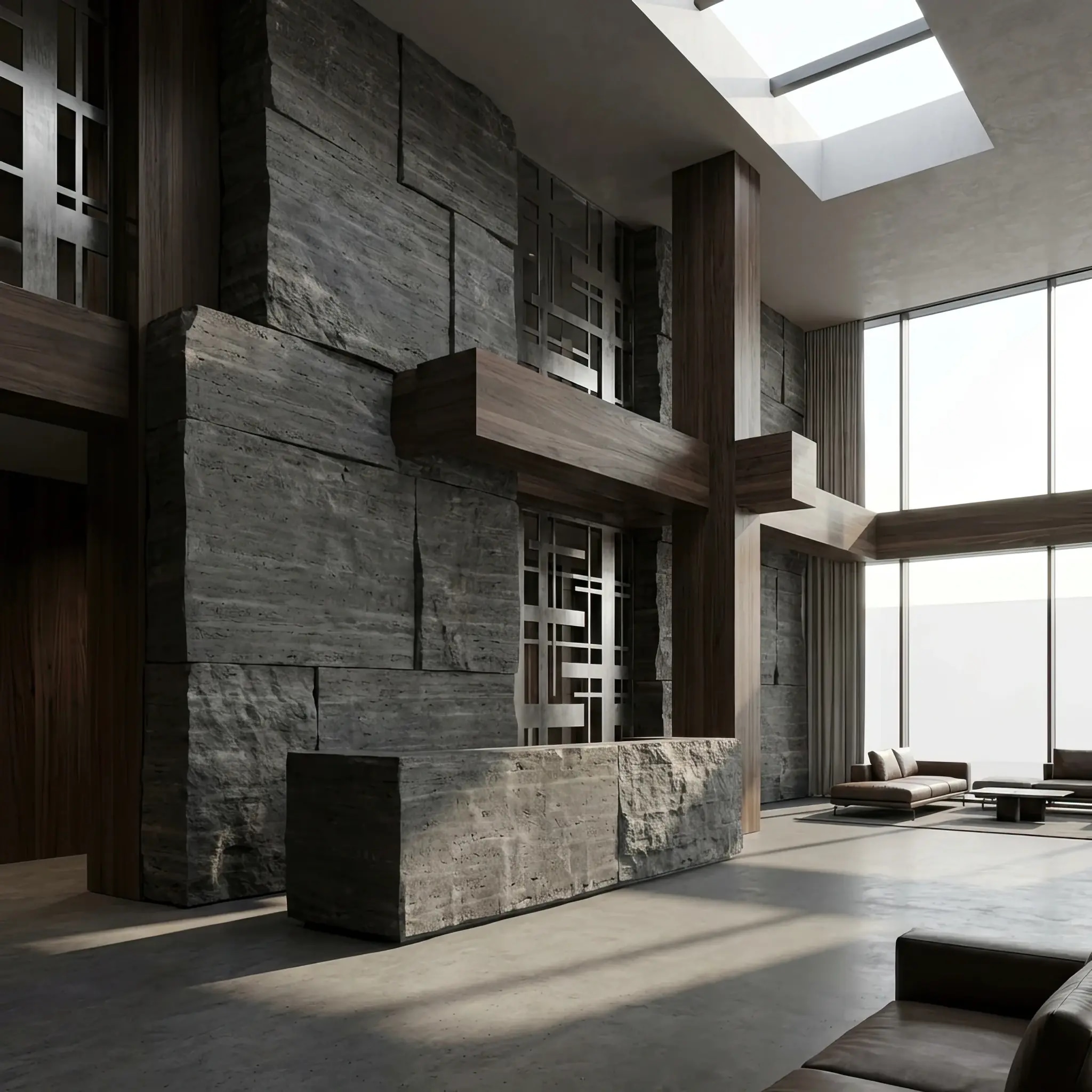 Архитектура и дизайн: Монолитная стойка приемная из грубого архитектурного бетона с открытыми инженерными коммуникациями под потолком