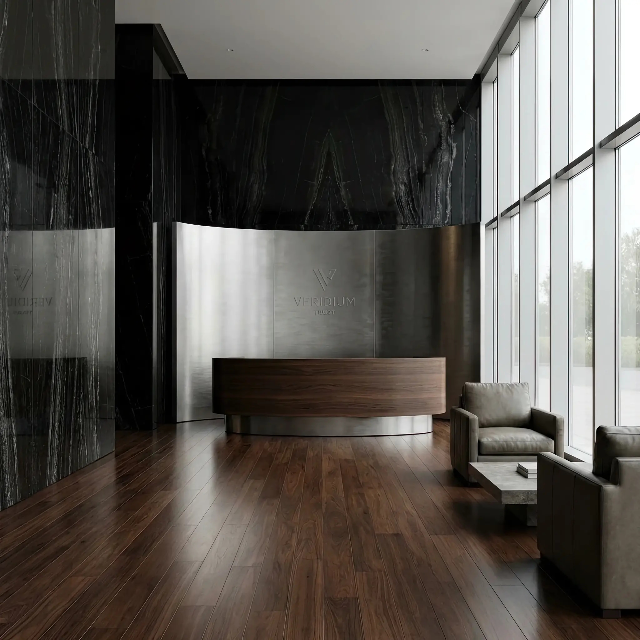 Архитектура и дизайн: Массивная стойка приемная из черного оникса с золотой подсветкой в главном офисе нео-банка