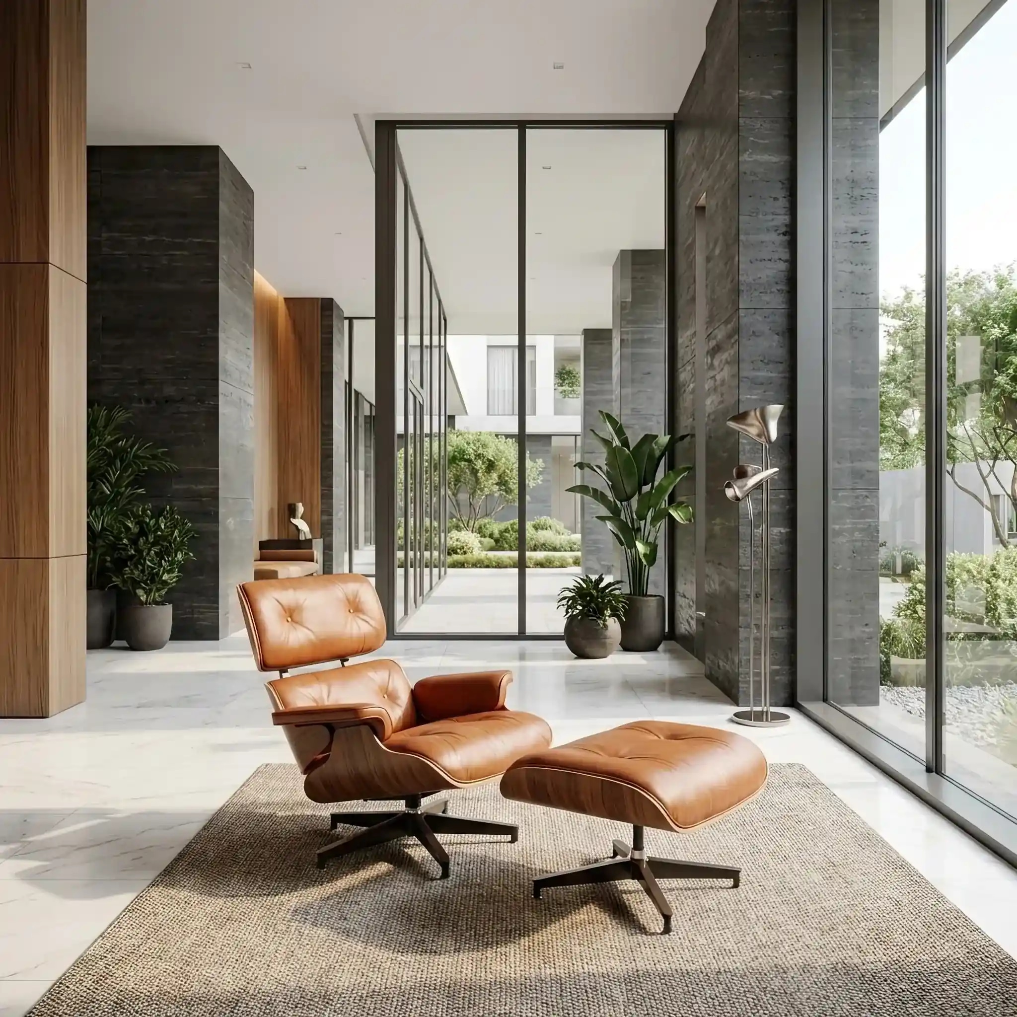 Архитектура и дизайн: Кресло Eames Lounge Chair в черной коже и палисандре, стоящее рядом с минималистичным стойка регистрации