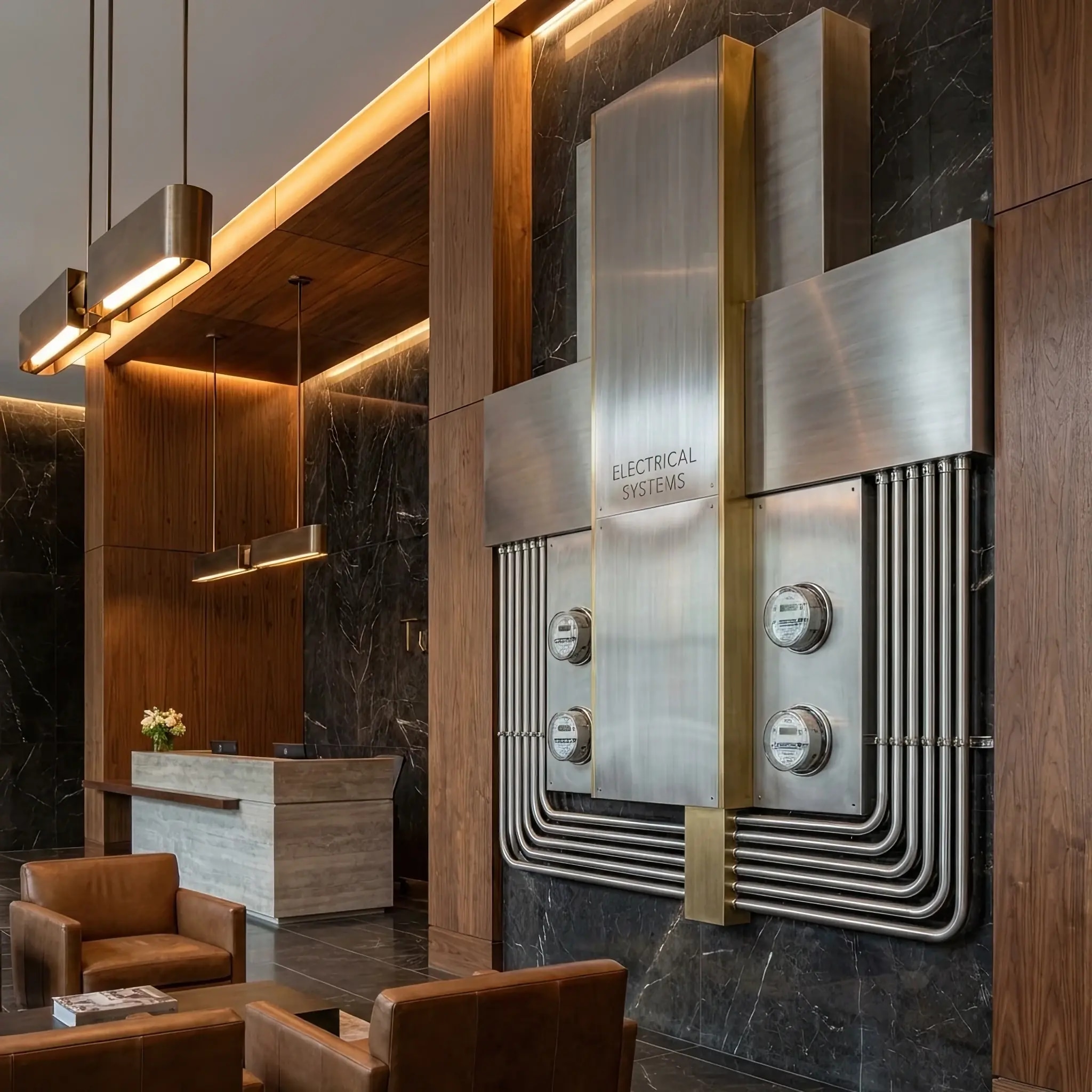 Архитектура и дизайн: Внутренняя разводка кабелей в лотке стойки приемная с цветовой маркировкой систем