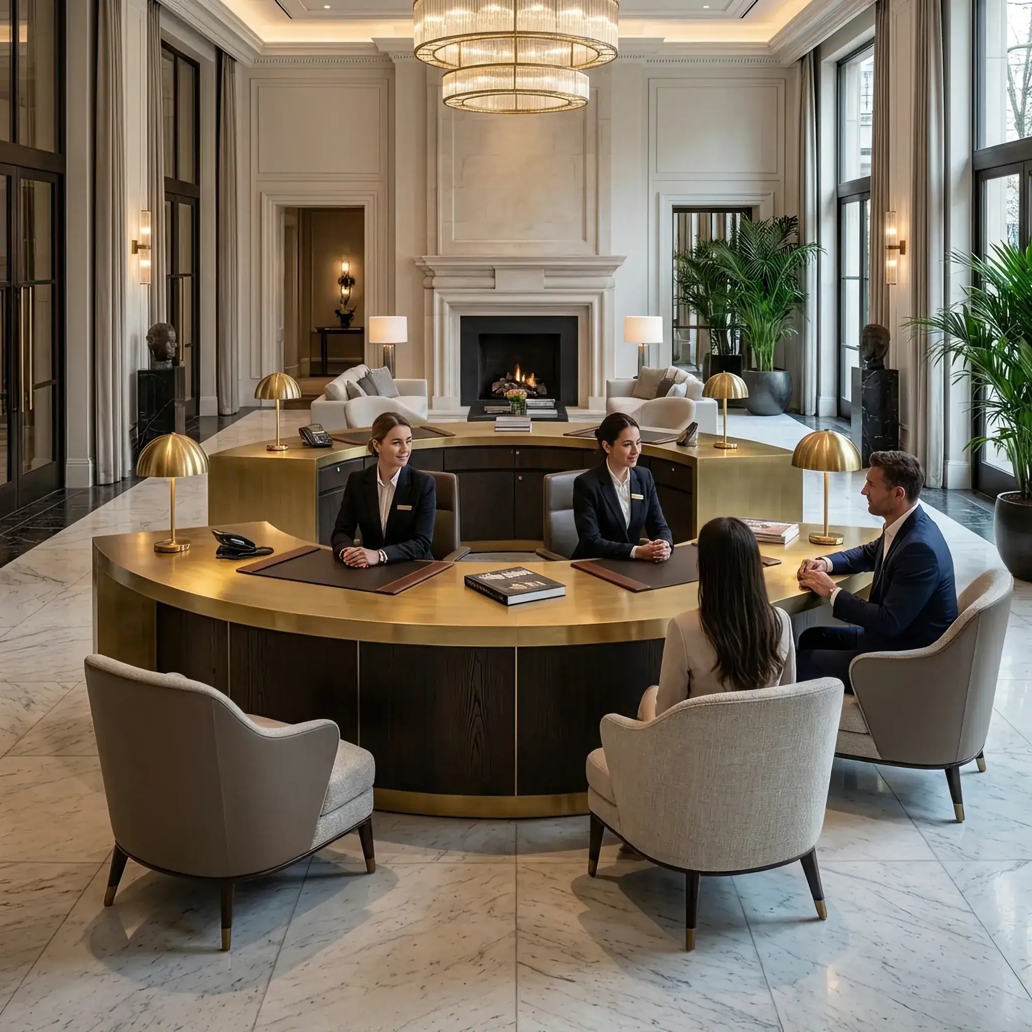 Архитектура и дизайн: Низкая, элегантная стойка консьержа в вестибюль пятизвездочного отеля с индивидуальным подходом к гостю