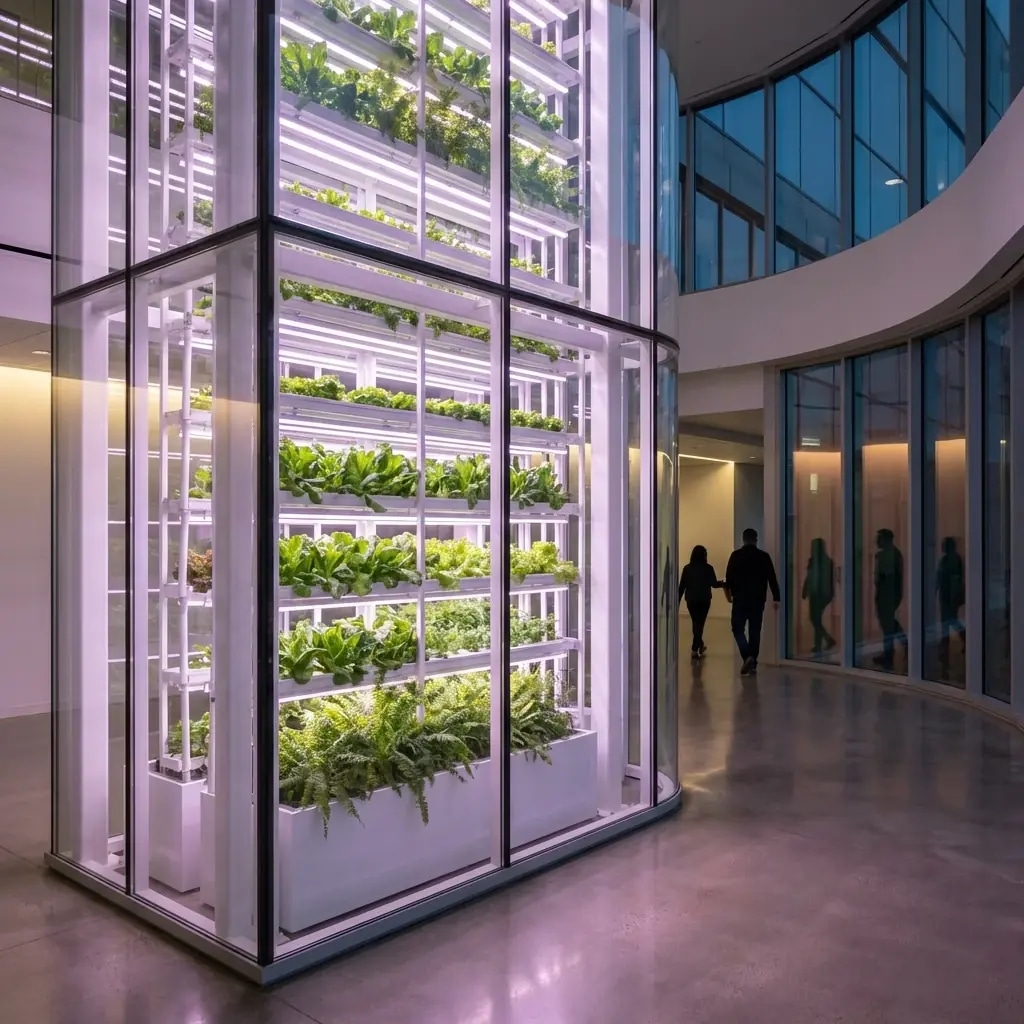 Архитектура и дизайн: В центре вестибюль расположена каскадная зеленая стена с салатами и пряными травами, которые консьерж собирает прямо при госте для утреннего смузи