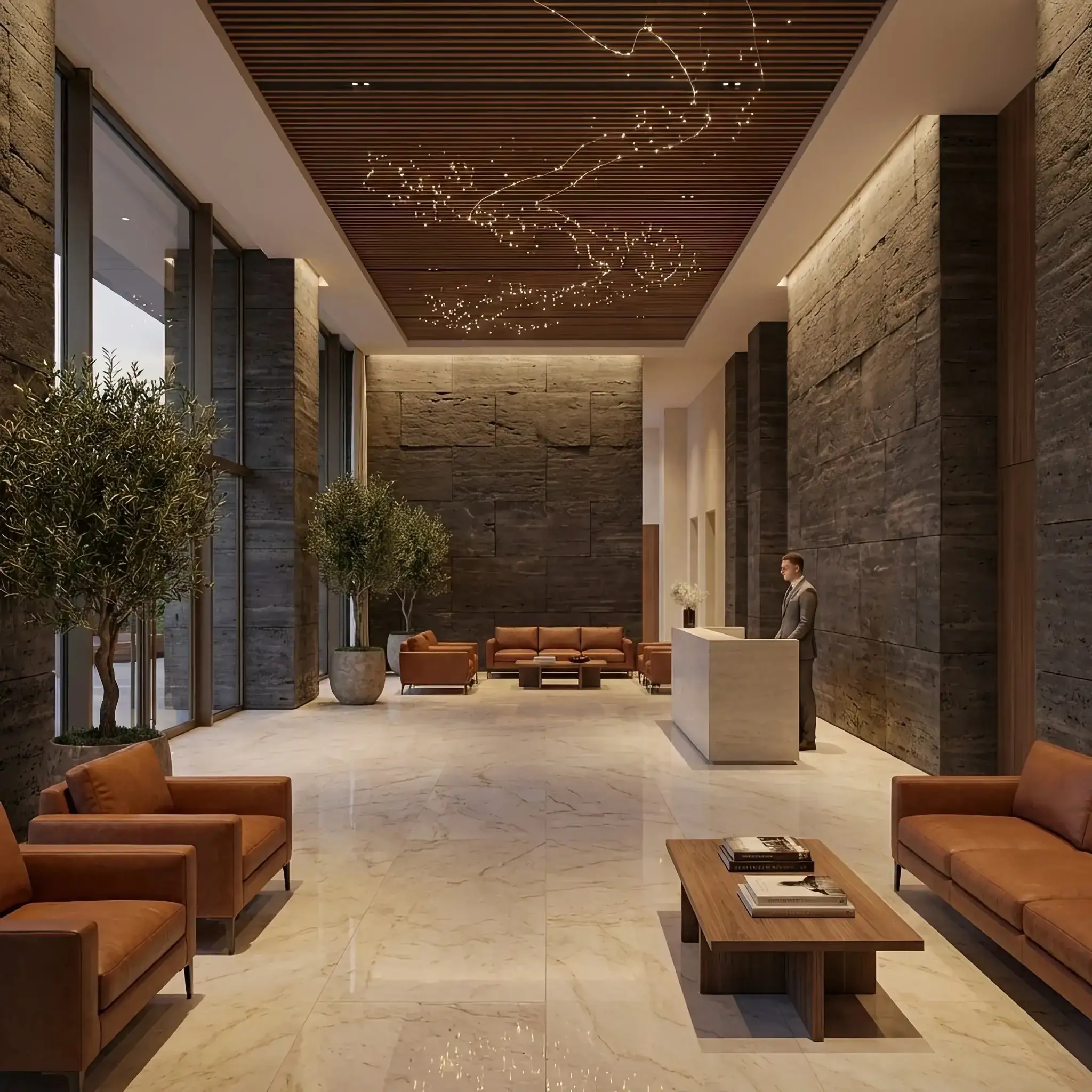 Архитектура и дизайн: Стойка приемная из черного гранита, фасад которой усыпан тысячами мерцающих точек, имитирующих галактику