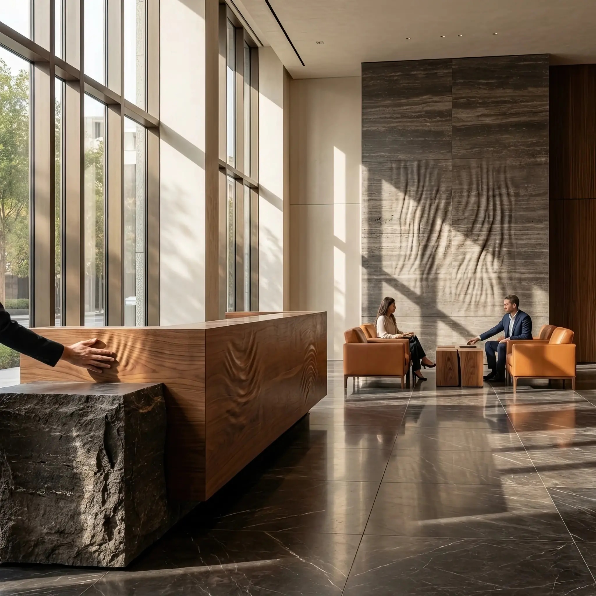 Архитектура и дизайн: Современное вестибюль с интерактивными панелями, которые физически меняют форму при прикосновении