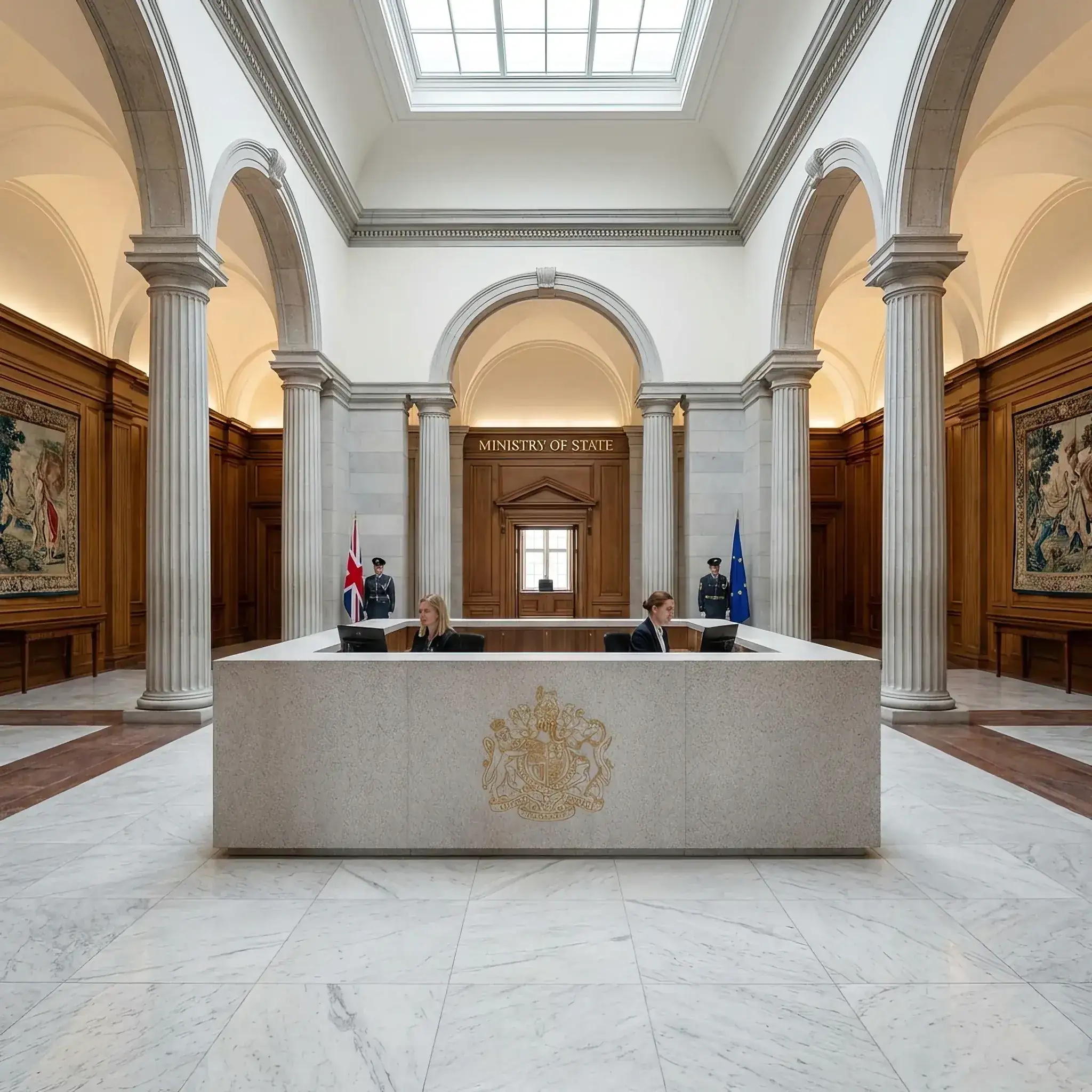 Архитектура и дизайн: Строгий и монументальный приемная в государственном ведомстве из светлого гранита с государственным гербом
