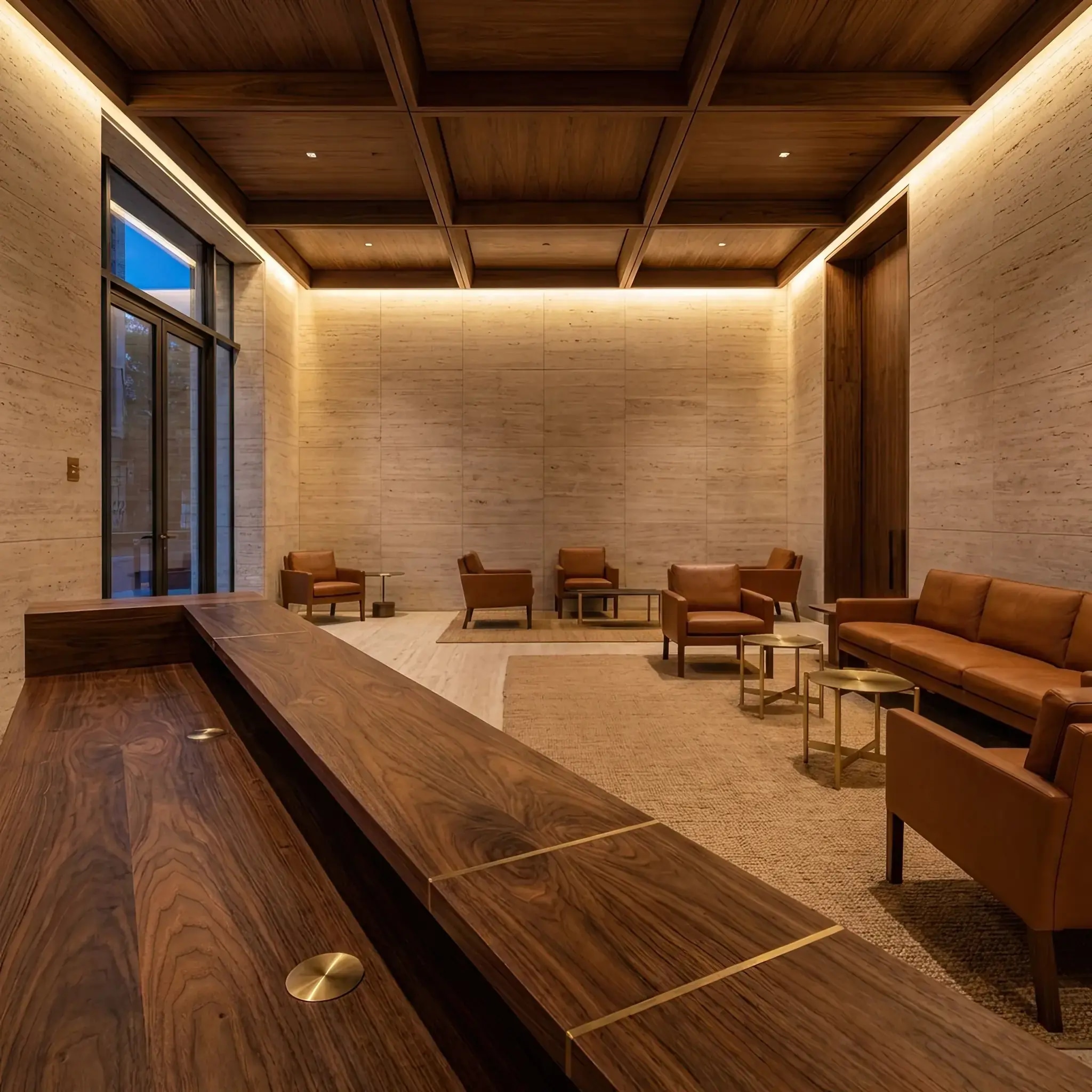 Архитектура и дизайн: Гость касается гладкой каменной стойки приемная, которая физически 'вибрирует' или меняет текстуру под пальцами, подтверждая команду или направляя движение